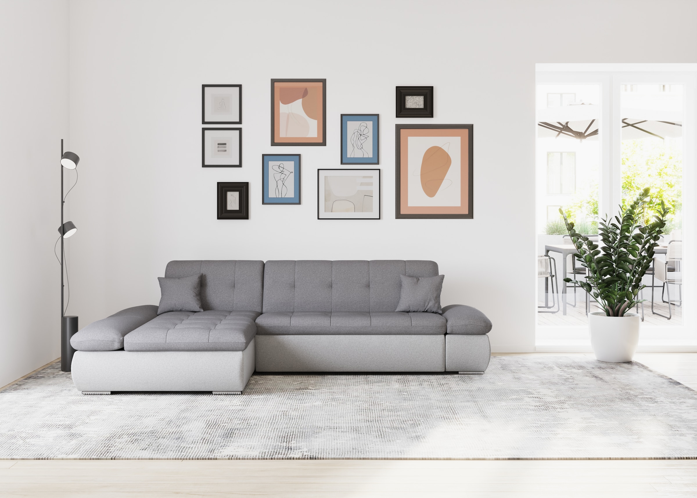 DOMO collection Ecksofa »Moric, L-Form, XXL-Sofa - Breite 300cm«, wahlweise mit Bettfunktion und Armteilverstellung, silber/grau