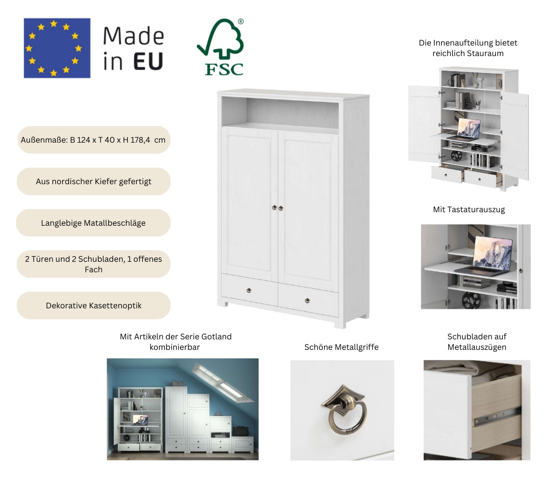 OTTO home Wäscheschrank »Gotland! Home Office Schrank, Mehrzweckschrank, Büroschrank« H/B/T ca. 180/125/40cm,  mit Ausziehregal, Schublade, stabil + langlebig, Massivholz made in EU