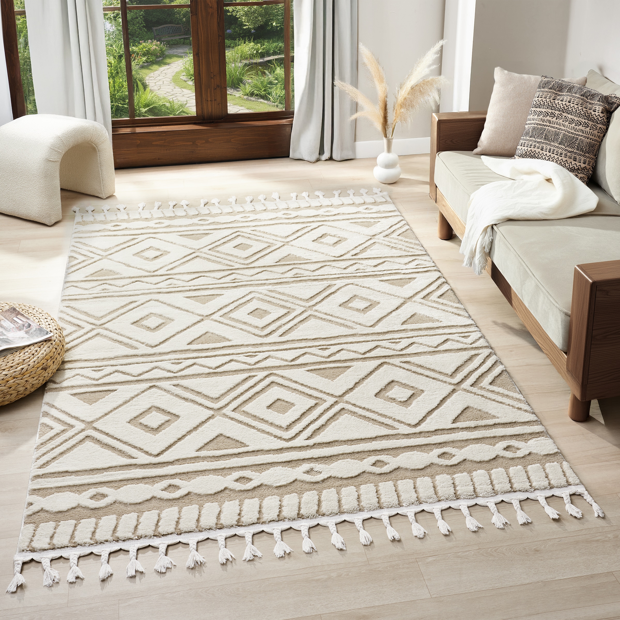 my home Teppich »Bonvo« rechteckig 19 mm Höhe mit Fransen, Hoch-Tief-Struktur, Wohnzimmer, Schlafzimmer, Boho-Style