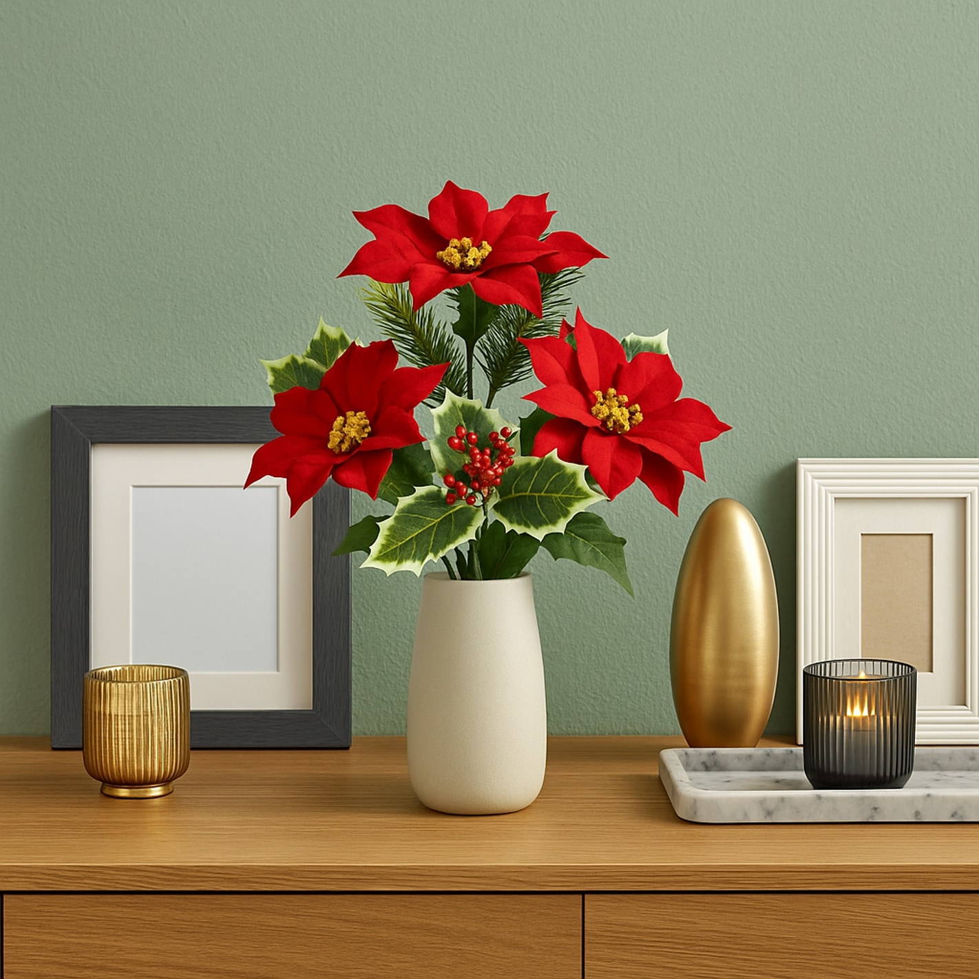 I.GE.A. Kunstblume »Poinsettiastrauß« 2er Set Bouquet aus Weihnachtsstern Ilex Beeren Tanne Weihnachtsdeko