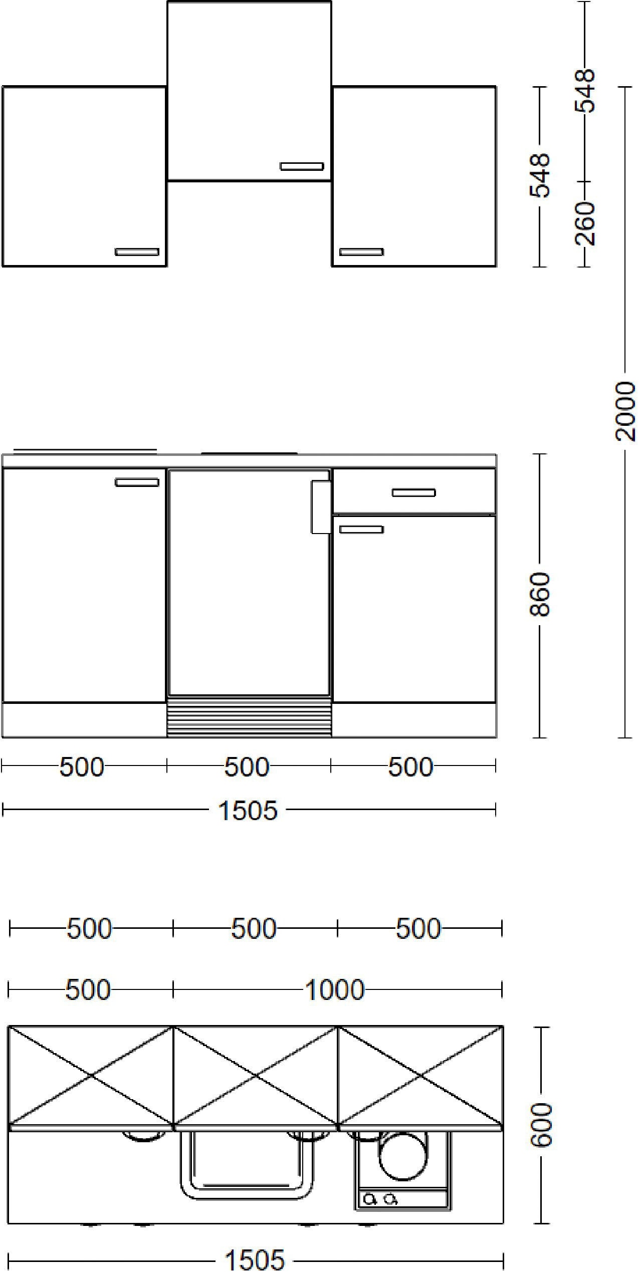 Flex-Well Küchenzeile »Kopenhagen« Breite 150,5 cm, mit Unterbau-Kühlschrank, Kochfeld und Spüle