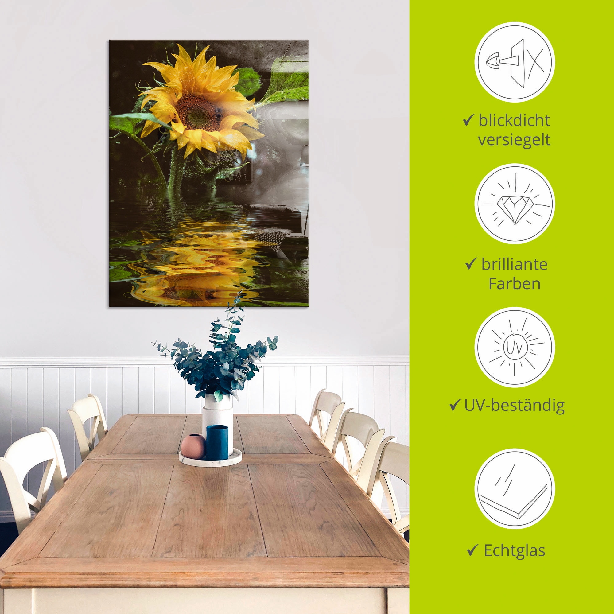 Artland Glasbild »Sonnenblume mit Wasserspiegelung« Blumen 1 Stk. tlg. in verschiedenen Größen