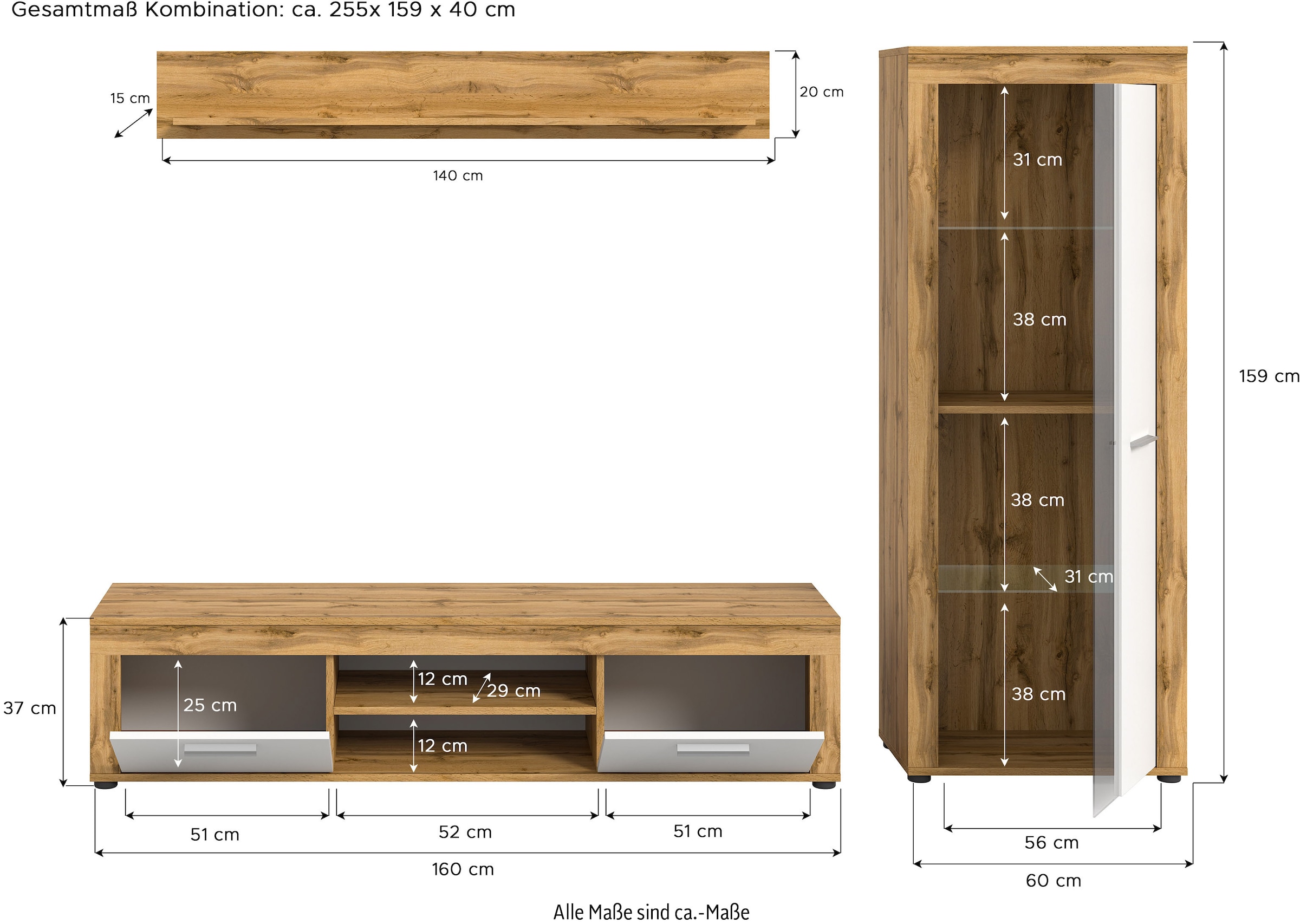 INOSIGN Wohnwand »Aosta, Breite 235cm, bestehend aus Lowboard, Wandboard, Vitrine« 3 Stk. tlg.