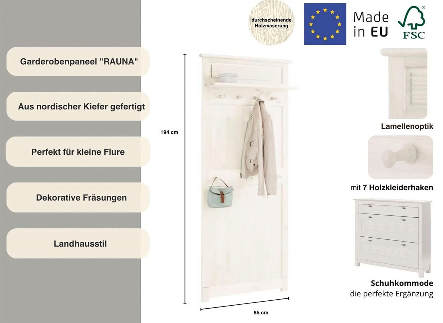 Home affaire Garderobenpaneel »Rauna«, aus massiver Kiefer