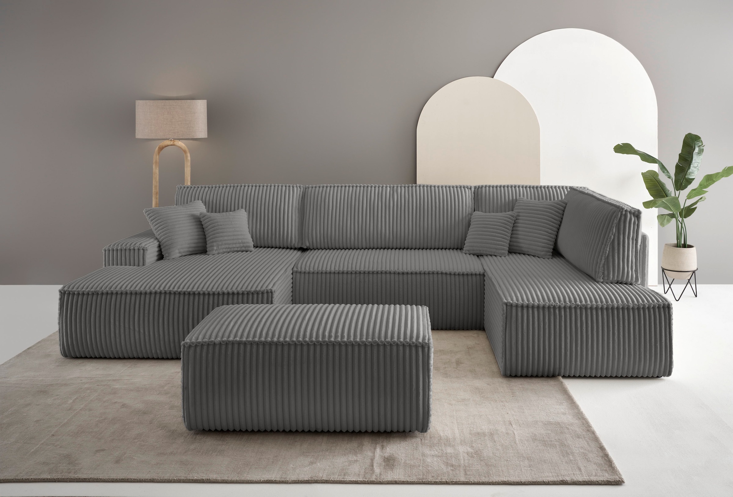 andas Wohnlandschaft »FINNLEY U-Form XXL 329 cm, Schlafsofa, Schlaffunktion m. Bettkasten«, (194/139 cm), Bouclé, Struktur und Cord
