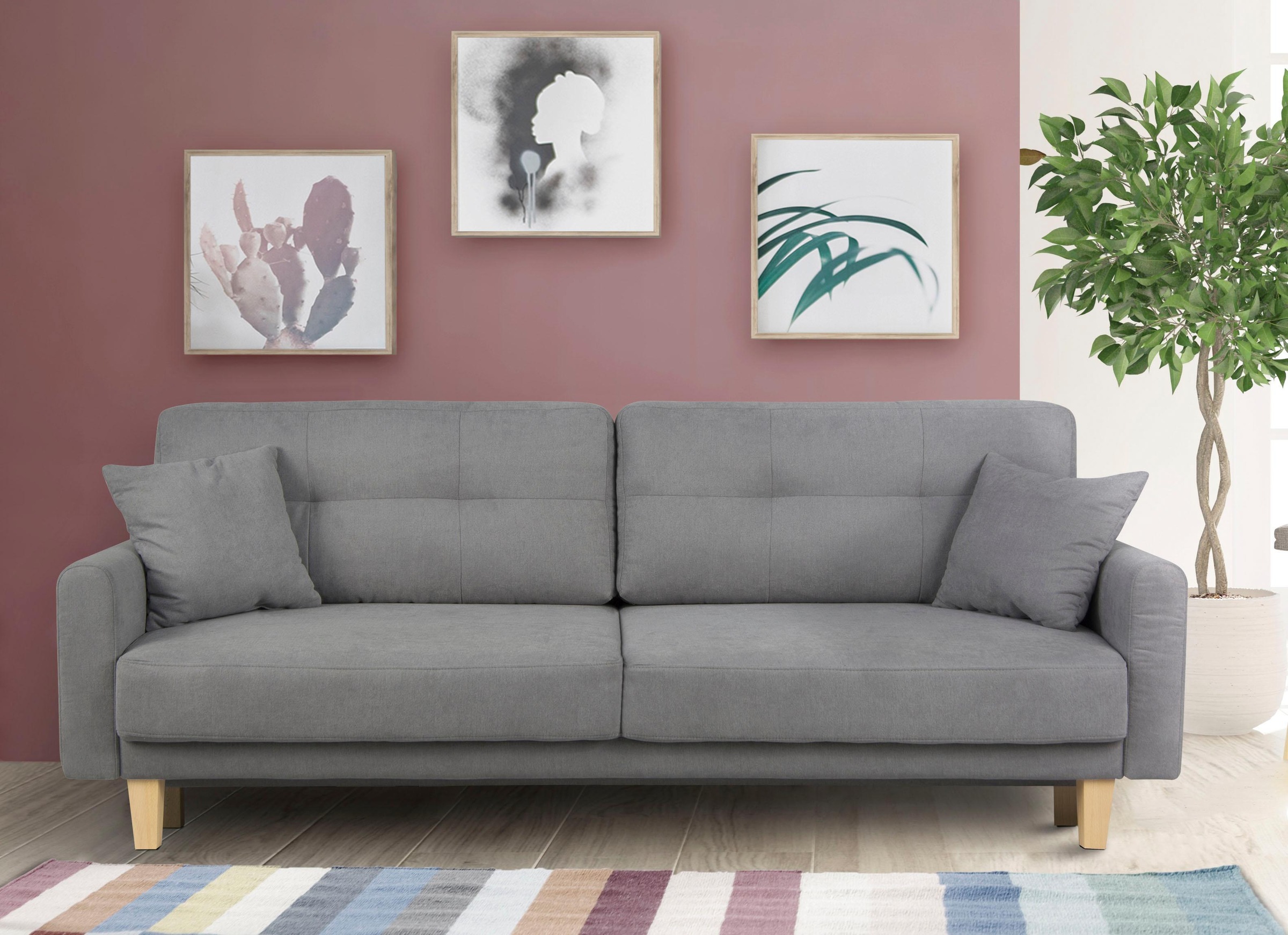 Home affaire 3-Sitzer »TRIPLO optionale Schlafsofa mit Bettkasten, Maße B/T/H: 215/100/89 cm«, Wahlweise Bettfunktion - Liegefläche 145x191 cm, Rücken-, Zierkissen