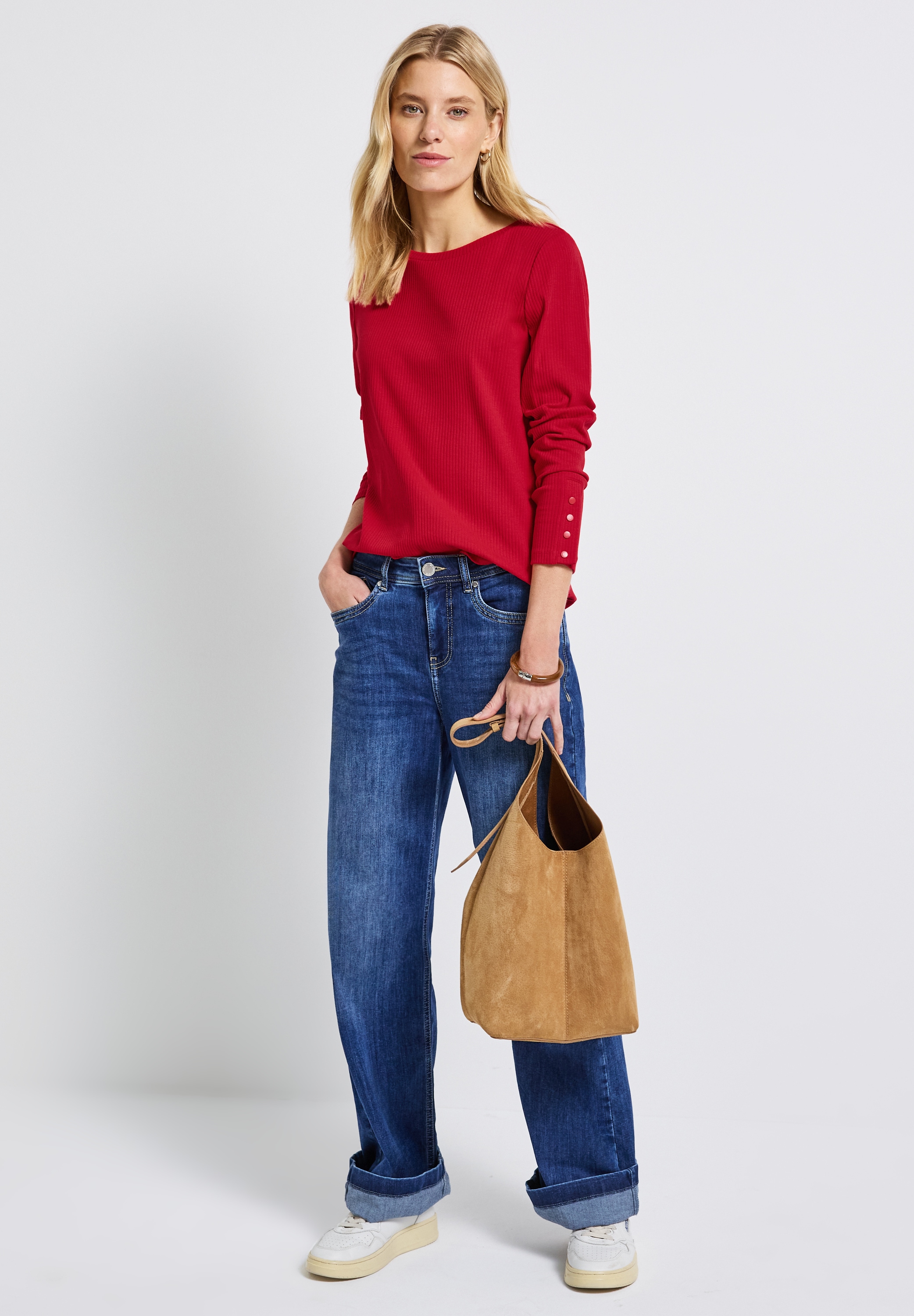 STREET ONE Langarmshirt, mit Rippstruktur und Langarm mit Knopfdetail