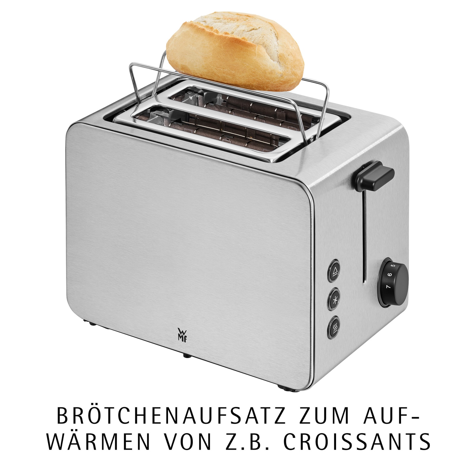 WMF Toaster »Stelio Edition, 2-Schlitz-Toaster, Brötchenaufsatz, 7 Bräunungsstufen« 2 kurze Schlitze für 2 Scheiben 1050 W Brotzentrierung, Krümelschublade, seidenmattes Cromargan Gehäuse