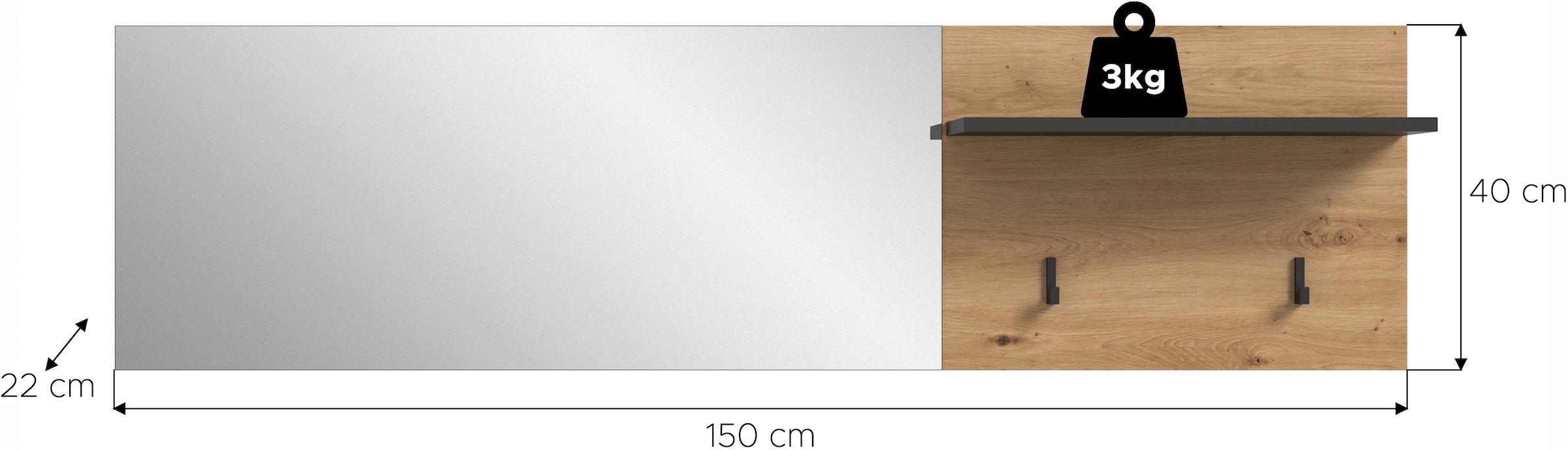 Home affaire Garderobenpaneel »REHAT, TOPSELLER!, Breite 150 cm, Hutablage, 2 Haken, Spiegel« in verschiedenen Ausführungen,  Paneel, Wandboard, Garderobe, Garderobenleiste, Garderobenboard