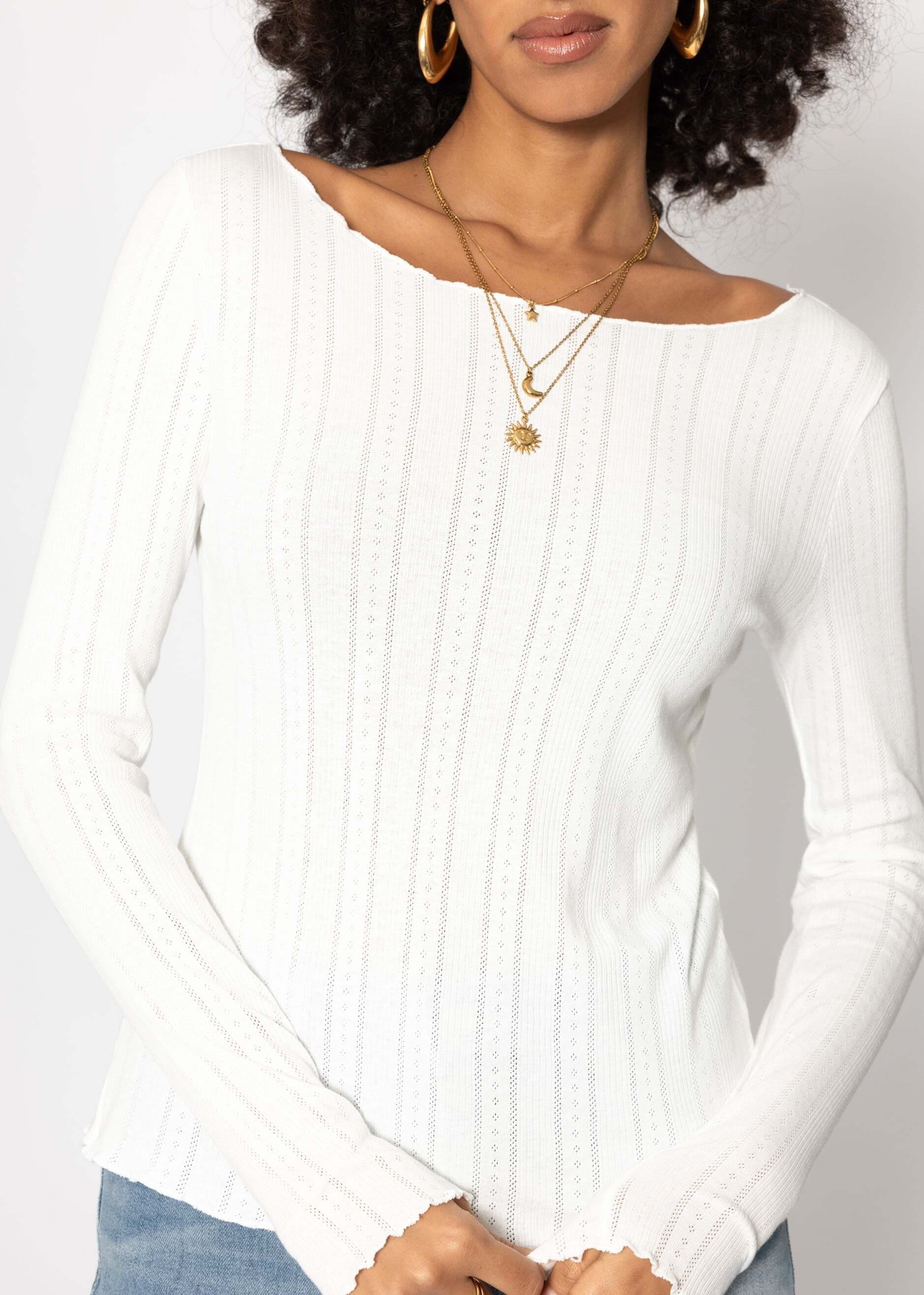 SASSYCLASSY Langarmshirt »Pointelle Langarmshirt« Feminines Top mit Lochmuster, gewelltem Saum und U-Boot Ausschnitt