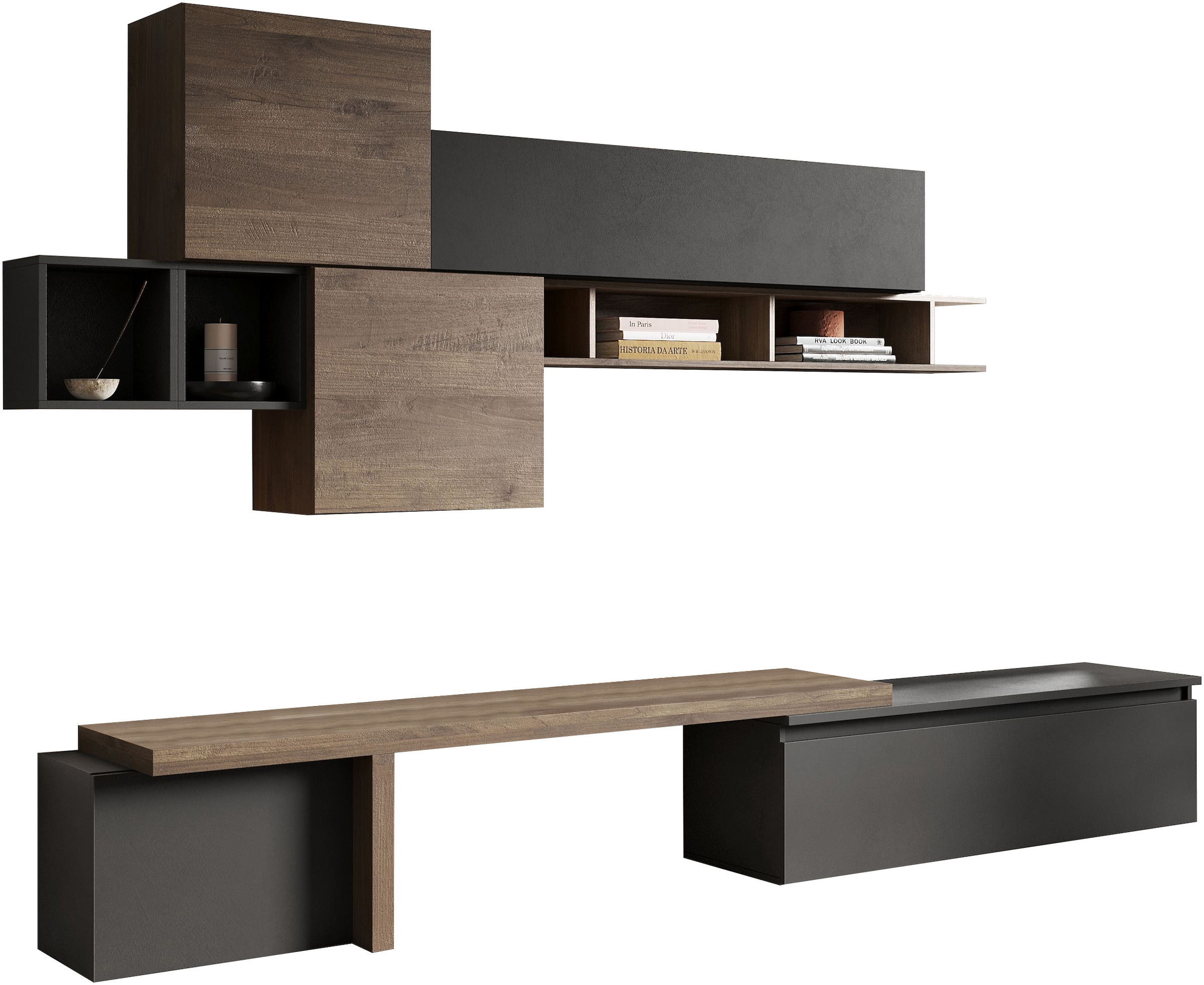 INOSIGN Wohnwand »INFINITY, 8tlg. Breite 330 cm, Höhe variabel (Lowboard, T-Boden,«, 2x Hängewürfel, Würfel-Elem., Wandregal, Hängeschr., Würfelregal Set)