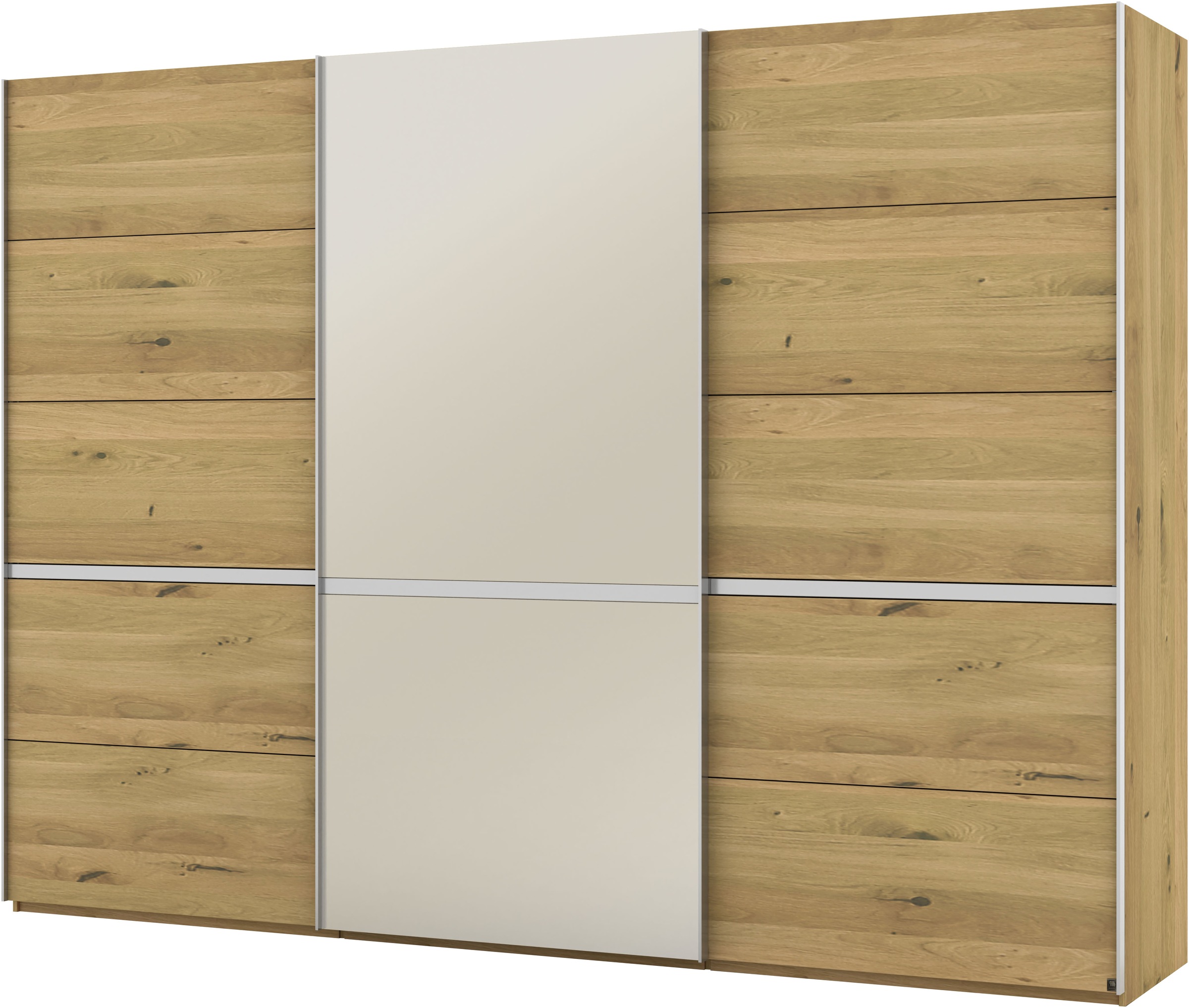 Musterring Schwebetürenschrank »Savona, Kleiderschrank, Schrank, Garderobe, mit Schiebetüren«, (Teilmassiv Bianco-Eiche, mit Spiegel oder Glas, MADE IN GERMANY), Türen Bianco-Eiche massiv, Spiegel-/Glastüren, eingelegte Chromleiste