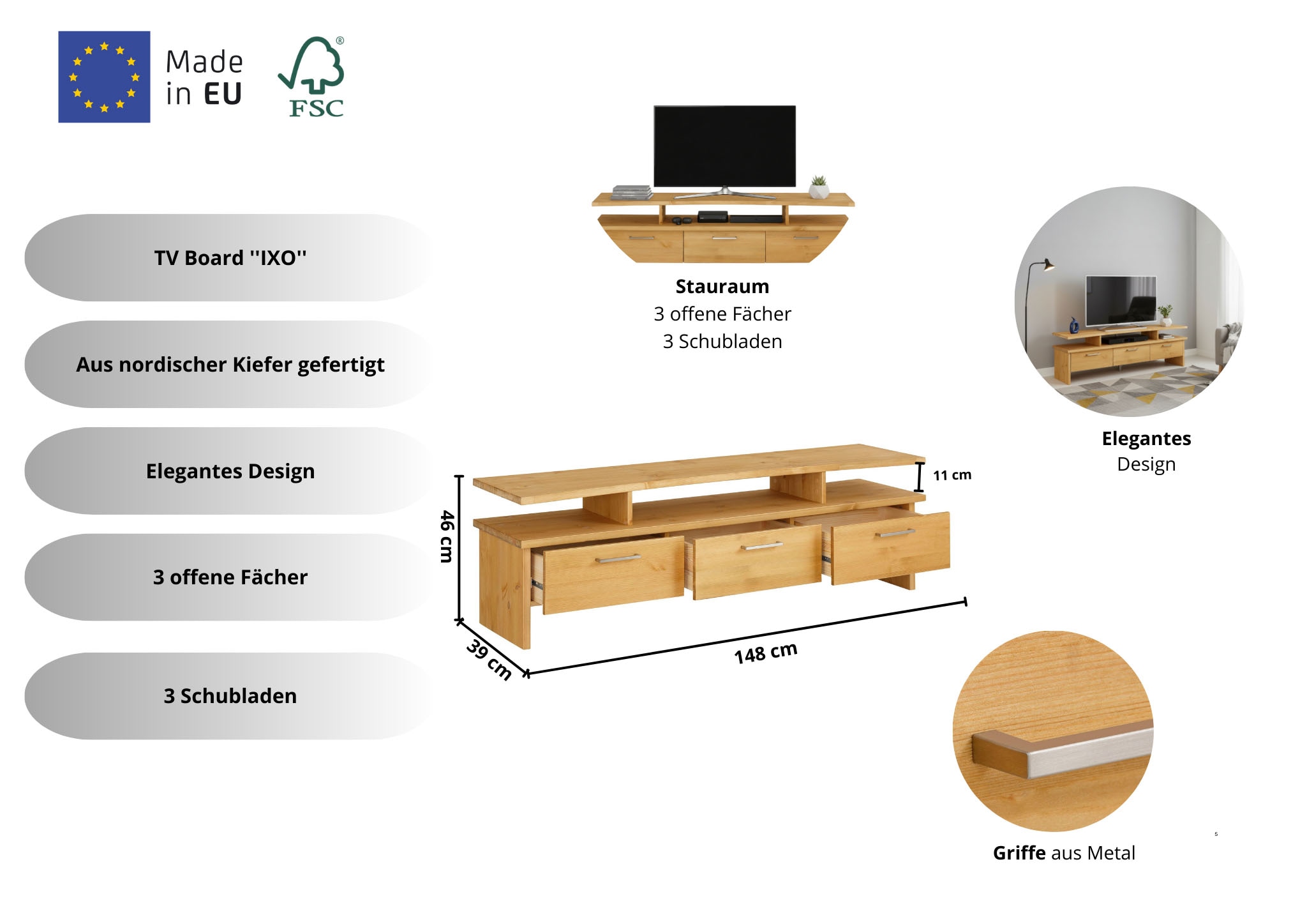 Home affaire TV-Board »Ixo« Breite 148 cm, mit 3 Schubladen, aus masiver Kiefer, FSC®