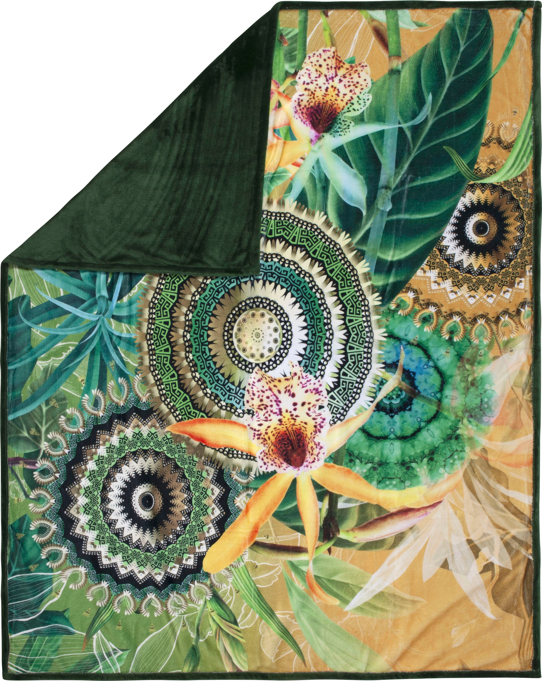 hip Plaid »Yissa«, Sehr Weich, Kuscheldecke, 130x160 cm, Wendeoptik, Mandala, Ocker, Grün