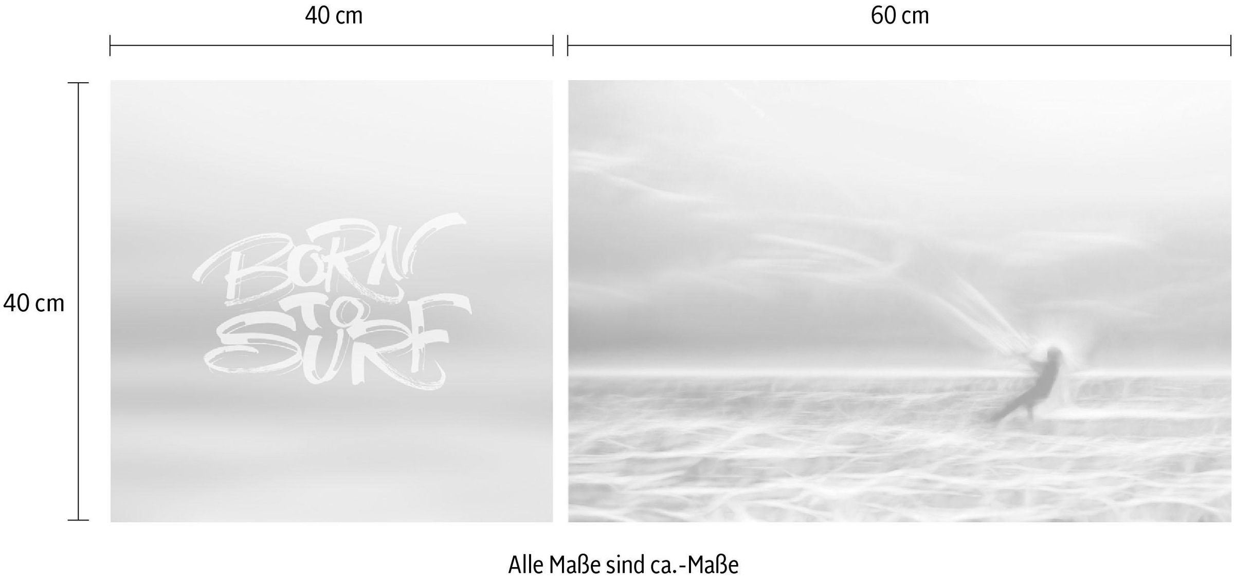 queence Leinwandbild »Born to Surf«, Meer-Meer Bilder-Kunst-Modern-Spa-Spa Bilder-Sprüche-Sprüche & Texte-Schriftzug-Schriftzüge, (Set), Premium-Leinwandstoff, Handarbeit aus Deutschland, Spruch, 2er Set
