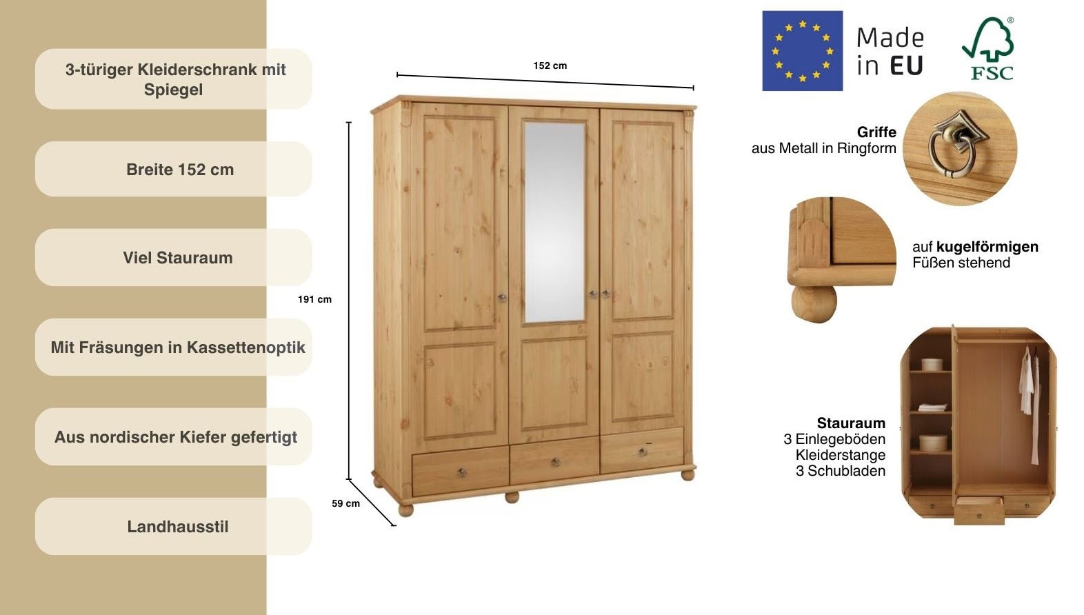 Home affaire Kleiderschrank »Tessin, Dretürenschrank, 3-türig«, (B/H/T ca. 152/191/59 cm), Breite 152 cm, Kiefer massiv, mit Spiegel und 3 Schubladen