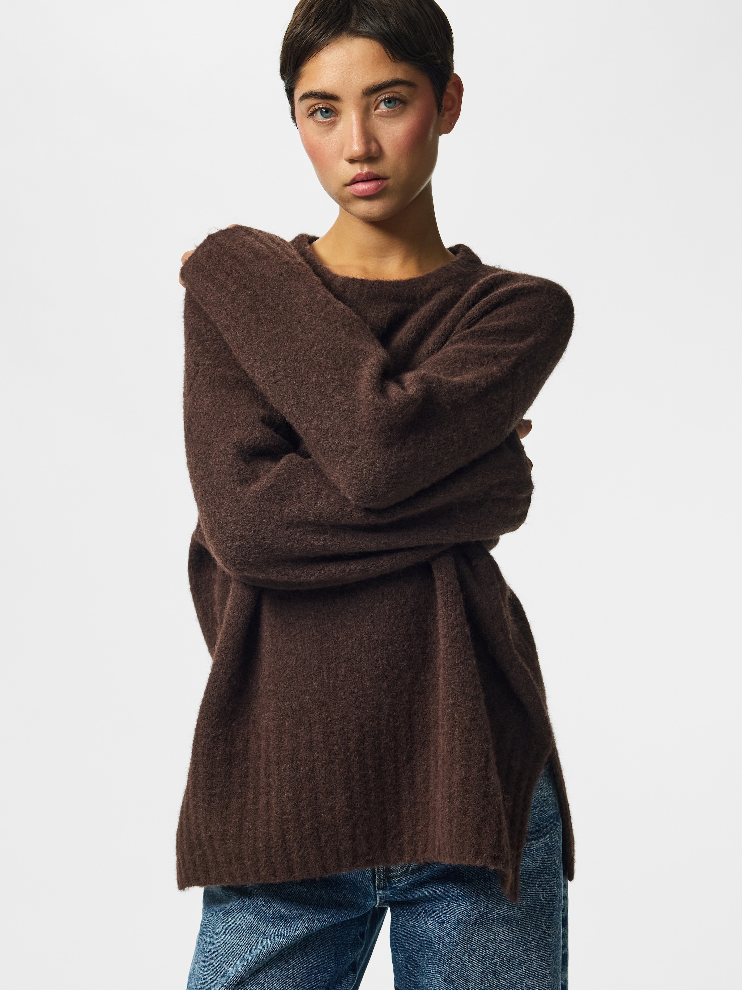 pieces Strickpullover »PCTINA LS O-NECK KNIT NOOS« Materialmix