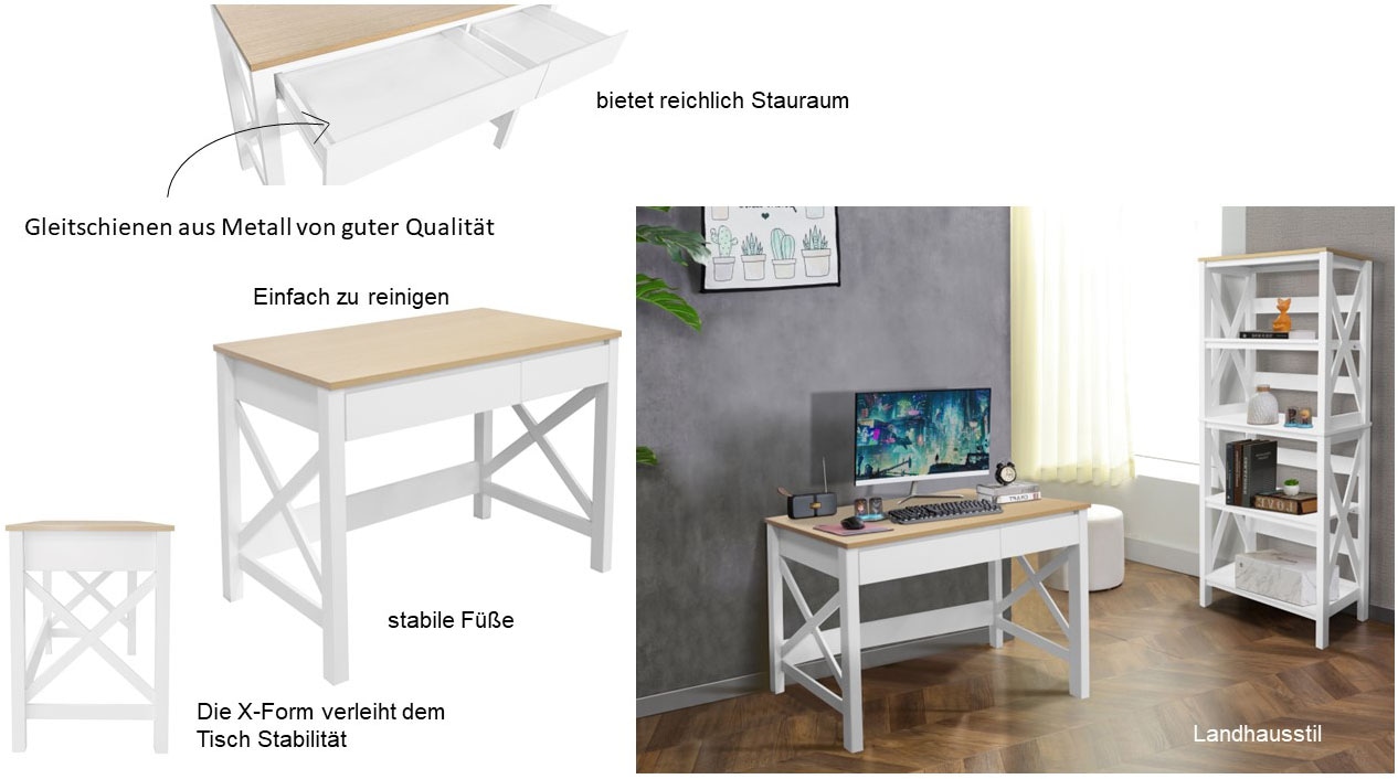Home affaire Schreibtisch »Silba«, 2 Schubladen, Landhausstil, Home Office, Breite 100 cm