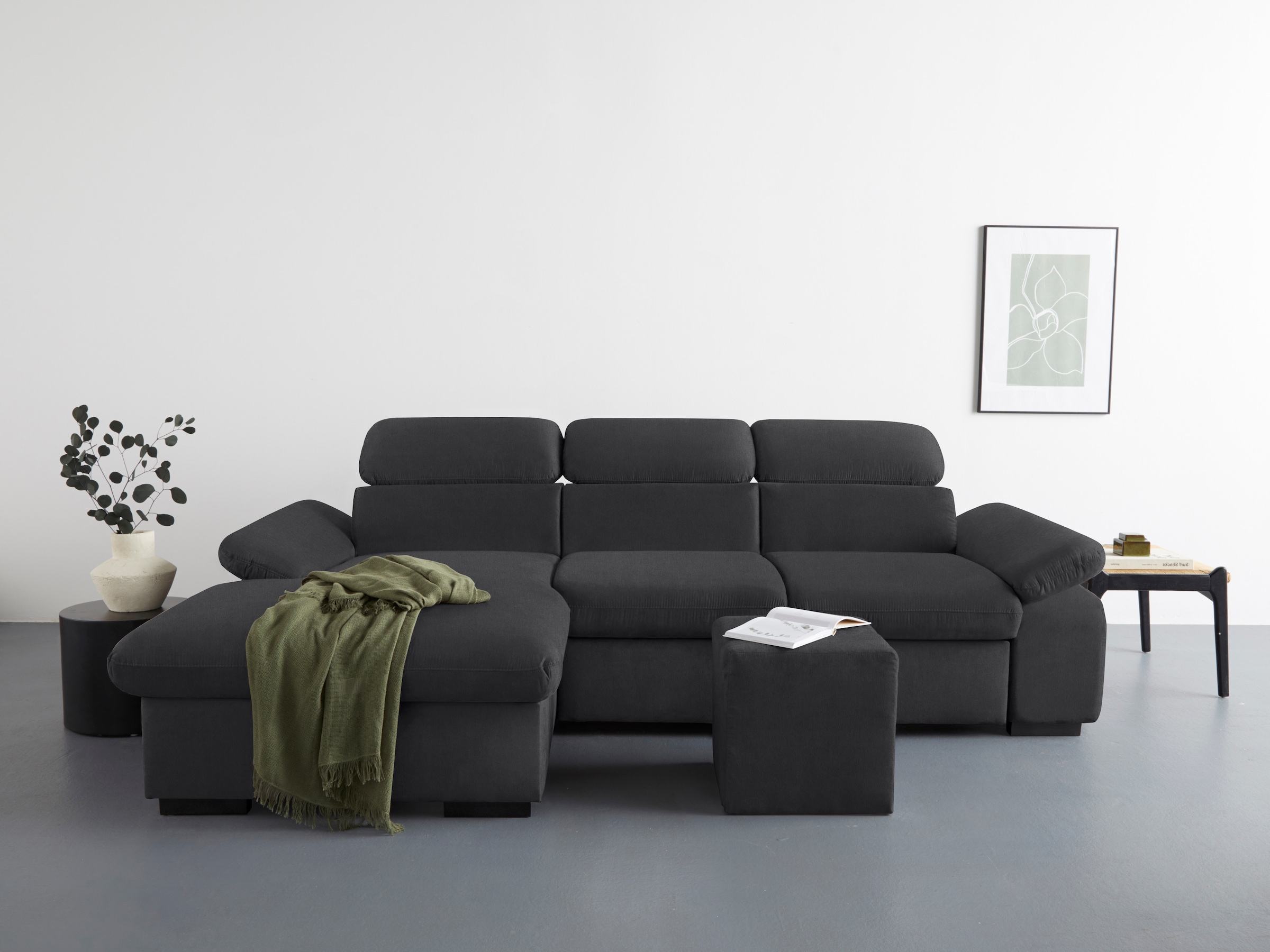 COTTA Ecksofa »Lola L-Form mit Kopfteilfunktion & Hocker«, (Set, mit Hocker), wahlweise mit Bettfunktion, Bettkasten & Armteilverstellung