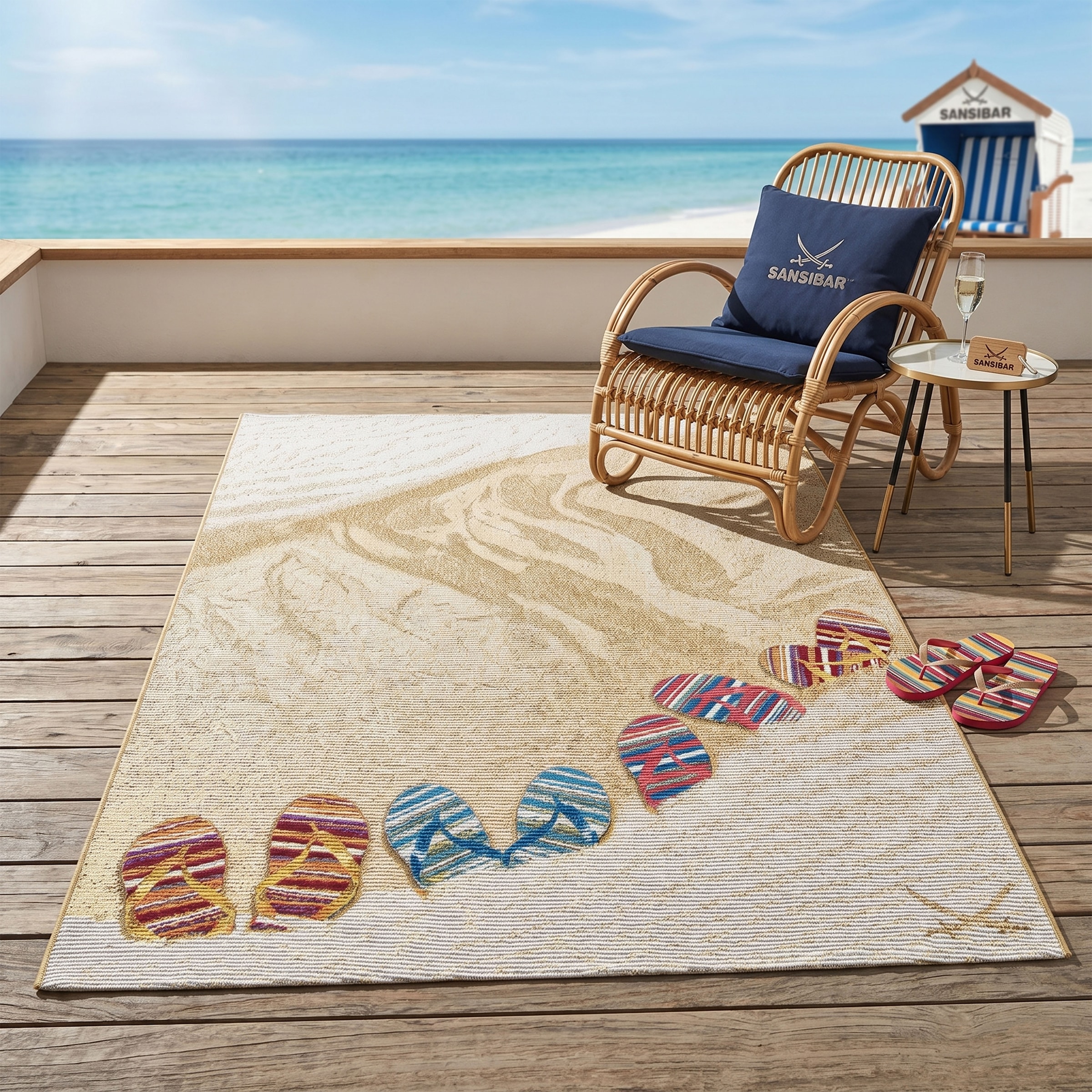 Sansibar Teppich »Rantum Beach SA-017« rechteckig 5 mm Höhe Flachgewebe, modernes Design, Motiv Badelatschen, Outdoor geeignet