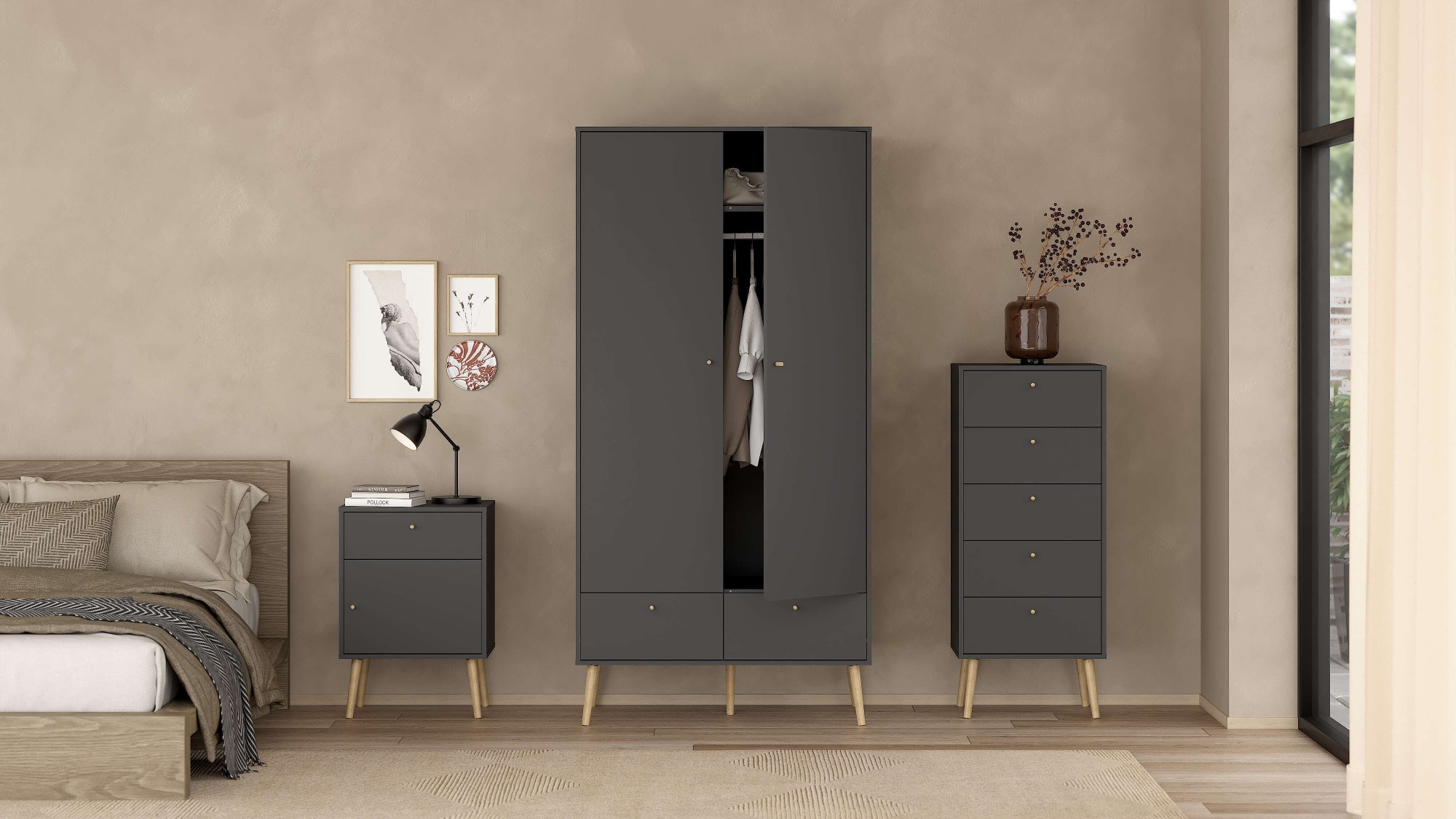 andas Kleiderschrank »Bodo, Drehtürenschrank, Aufbewahrung Kasten Schrank Stauraum«, 2 Türen, 2 Schubladen, Beine und Griffe Massivholz, Breite 99 cm