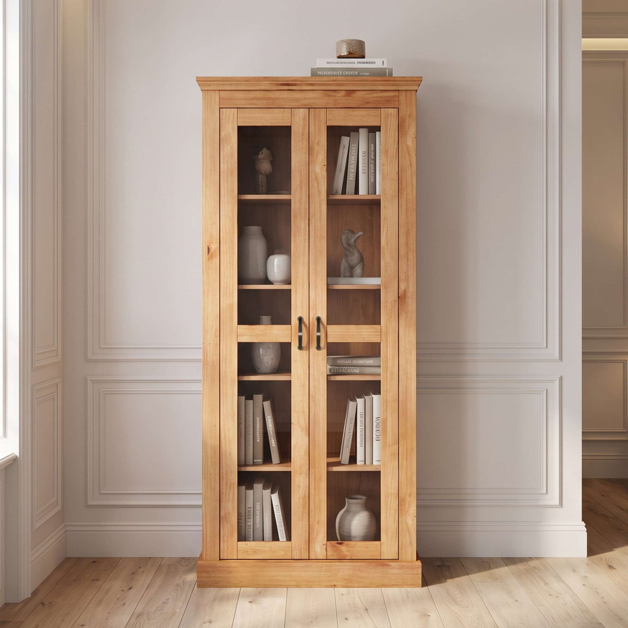 OTTO home Vitrine »Selma, Hochschrank, Standvitrine, Glasvitrine aus massivem Kiefernholz« FSC®, mit Griffen aus antikisiertem Metall, Höhe 180 cm