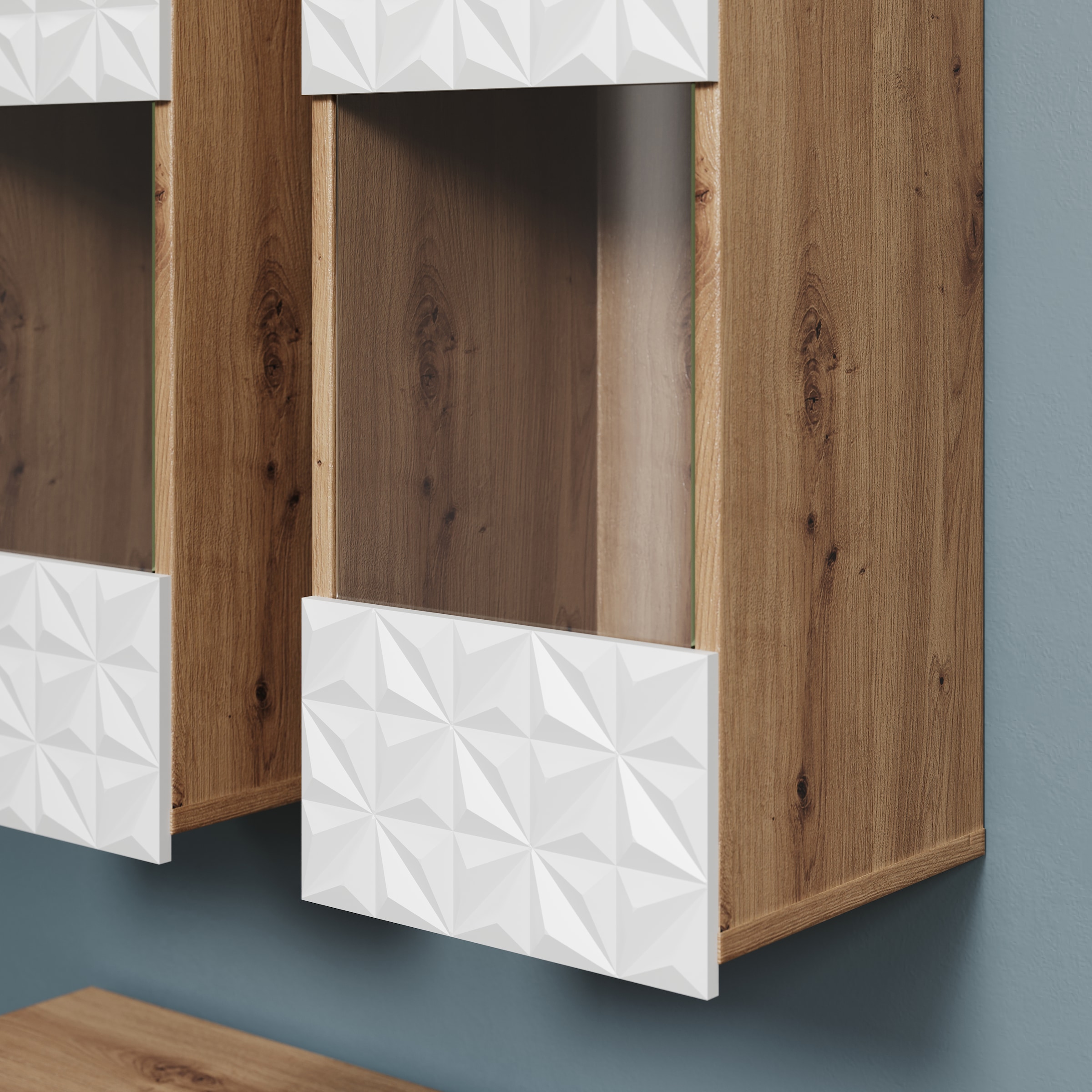 INOSIGN Wohnwand »Rezzo, 2 Hängevitrinen mit Relief-Front, 2 Lowboards je Br. 120 cm«, (Komplett-Set, 4 St.), insgesamt Br. 240 cm, Montage stehend oder hängend