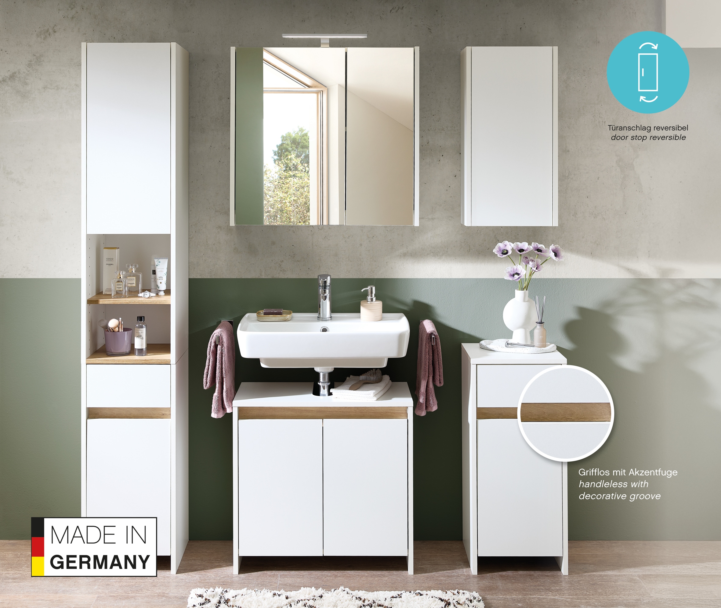 Saphir Waschbeckenunterschrank »Quickset 100, 2 Türen, Siphonausschnitt«, Waschbeckenschrank ohne Griff, 61,6 cm breit, mit Akzentfuge