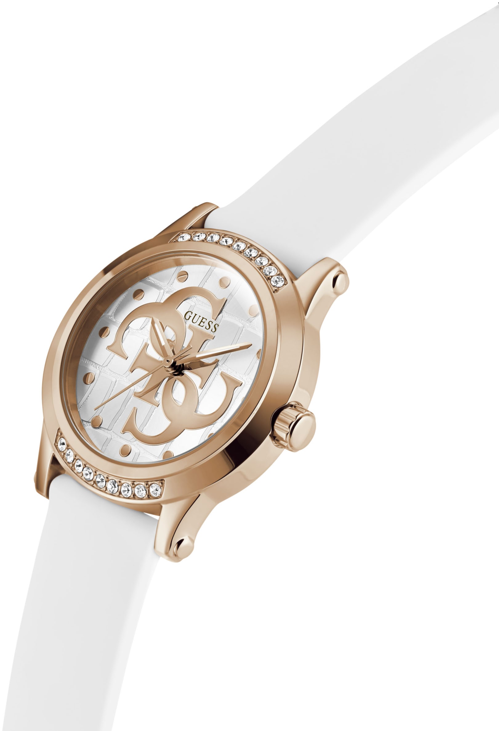 Guess Quarzuhr »ANNETTE« Armbanduhr, Damenuhr, Silikonarmband, analog, Kristallsteine