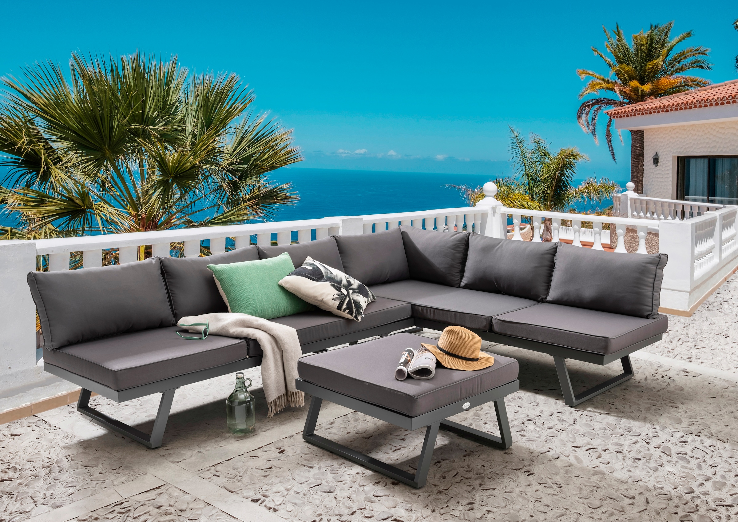 Destiny Gartenlounge-Set »MANHATTAN«, (Set, 13 tlg., 2x Schenkel, 1x Hocker, inkl. Auflagen, Ecklounge, variabel), Aluminium, Textilene, 1 Hocker/ Tisch 70x70x30 cm, inkl. Auflagen