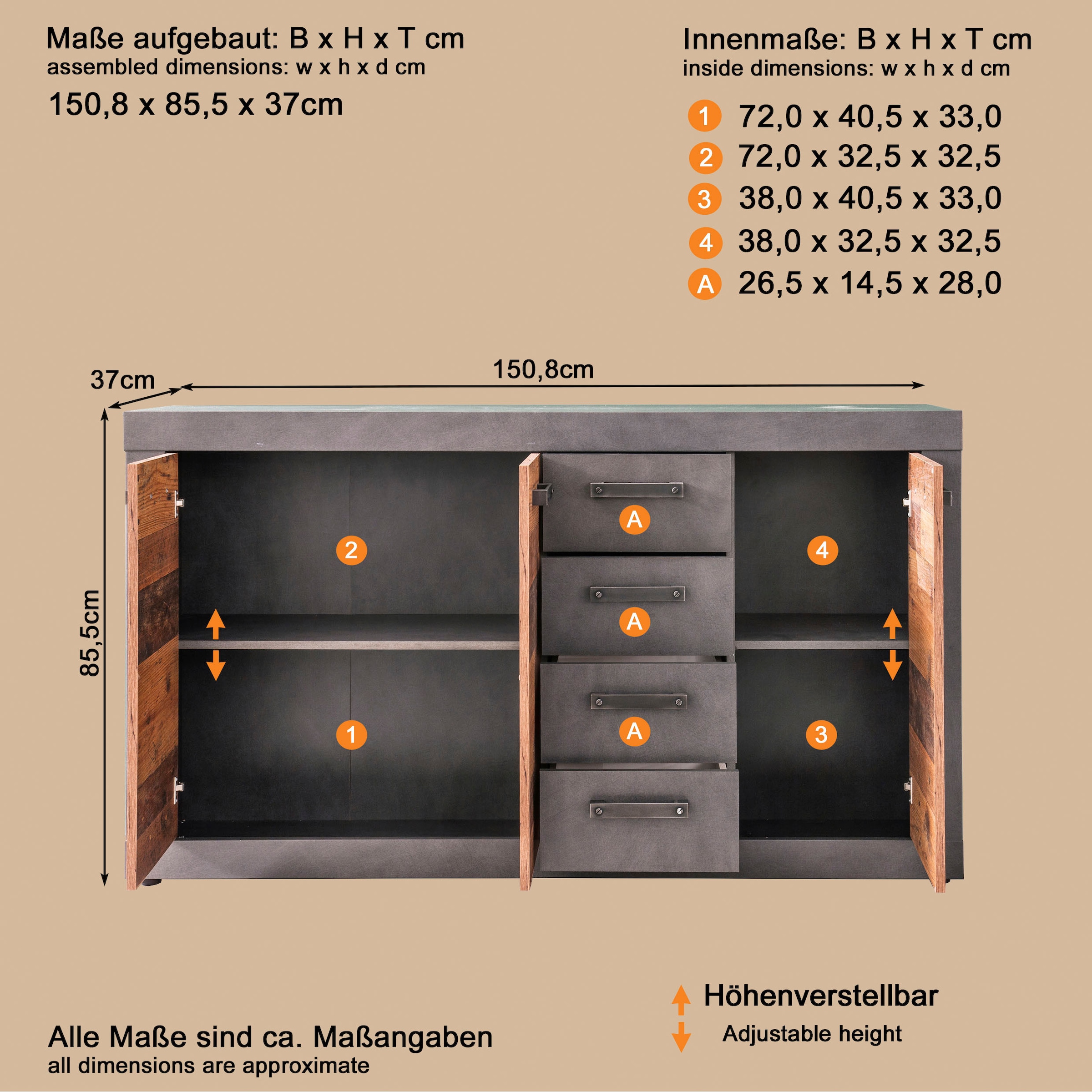 Home affaire Kommode »Ilana« Kommode mit 3 Türen & 4 Schubladen - (B/T/H) 151/37/86 cm