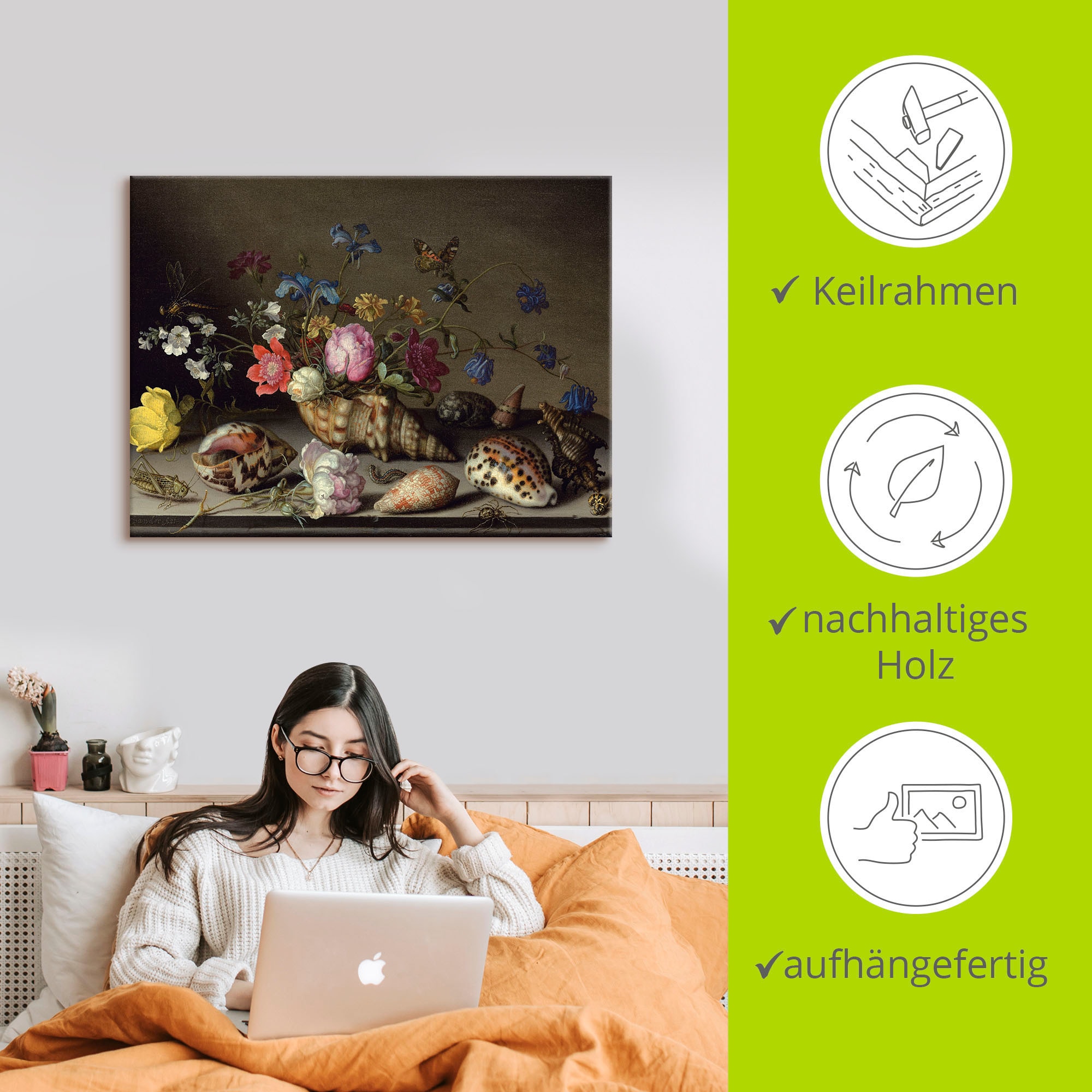 Artland Leinwandbild »Blumen, Muscheln und Insekten«, Arrangements, (1 St.), auf Keilrahmen gespannt