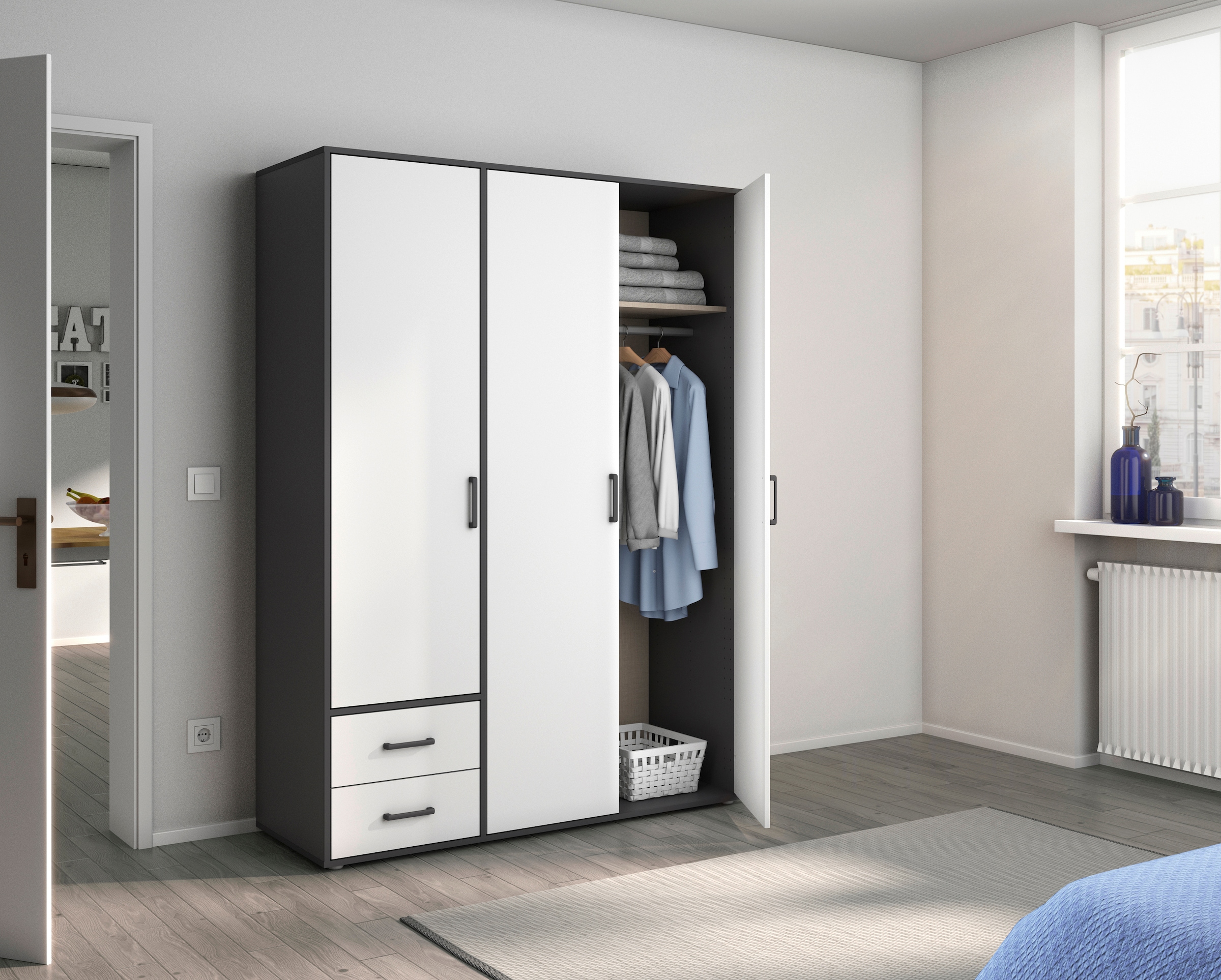 rauch Drehtürenschrank »Kleiderschrank Schrank Garderobe Wäscheschrank VOYAGER«, (in 3 verschiedenen Ausstattungen BASIC/CLASSIC/PREMIUM), moderne Griffe in Graumetallic mit Außenschubkästen MADE IN GERMANY