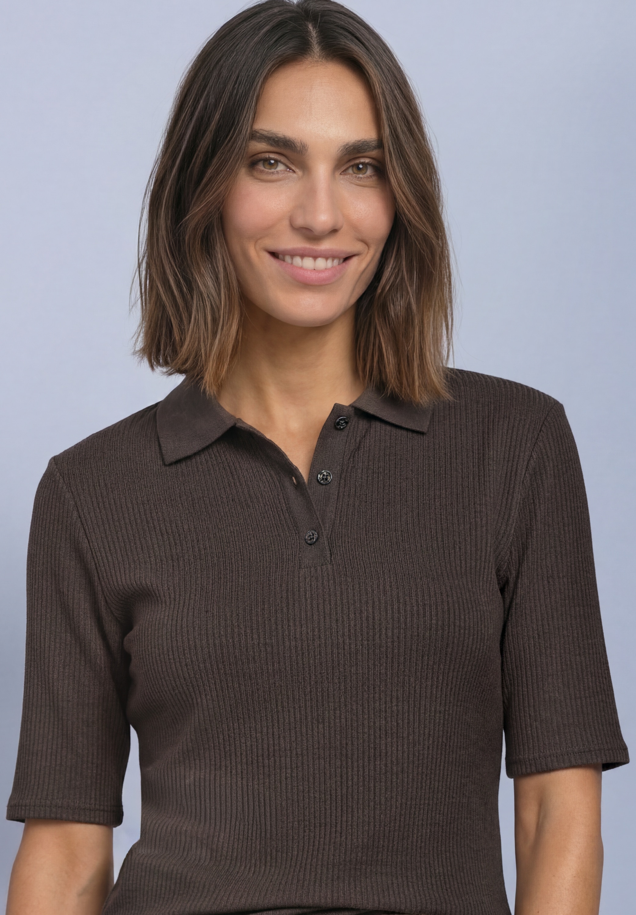 STREET ONE Poloshirt Sommershirt im Strick-Look mit Rippstruktur
