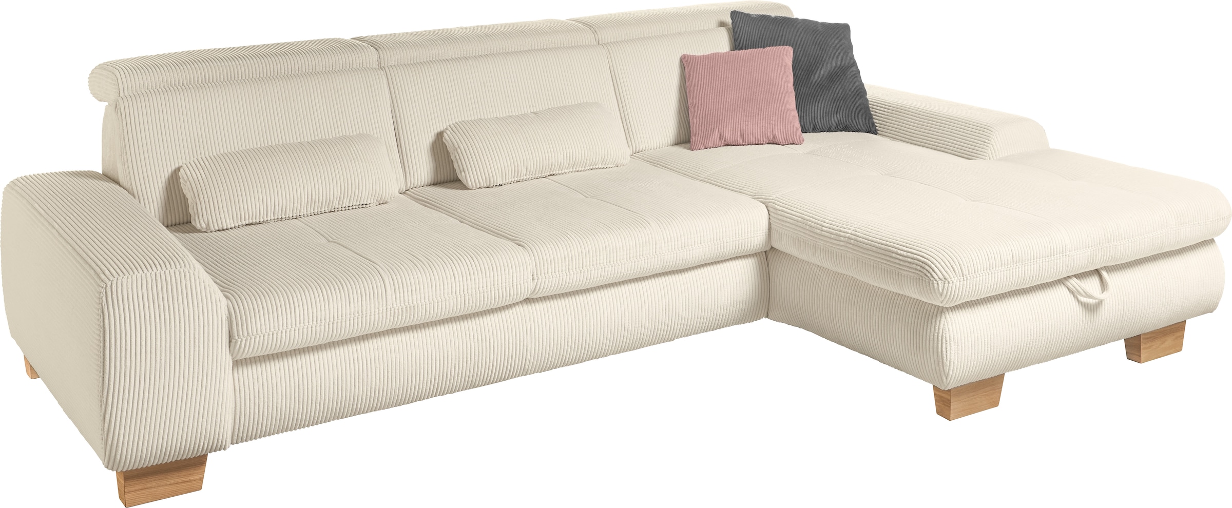 set one by Musterring Ecksofa »SO 3400 Sitzhöhe 47cm oder 49cm, Sitztiefe verstellbar, B/T: 307/195cm«, Kopteil verstellbar, mit Bettfunktion, in Cord, natur, Sitzhöhe 47