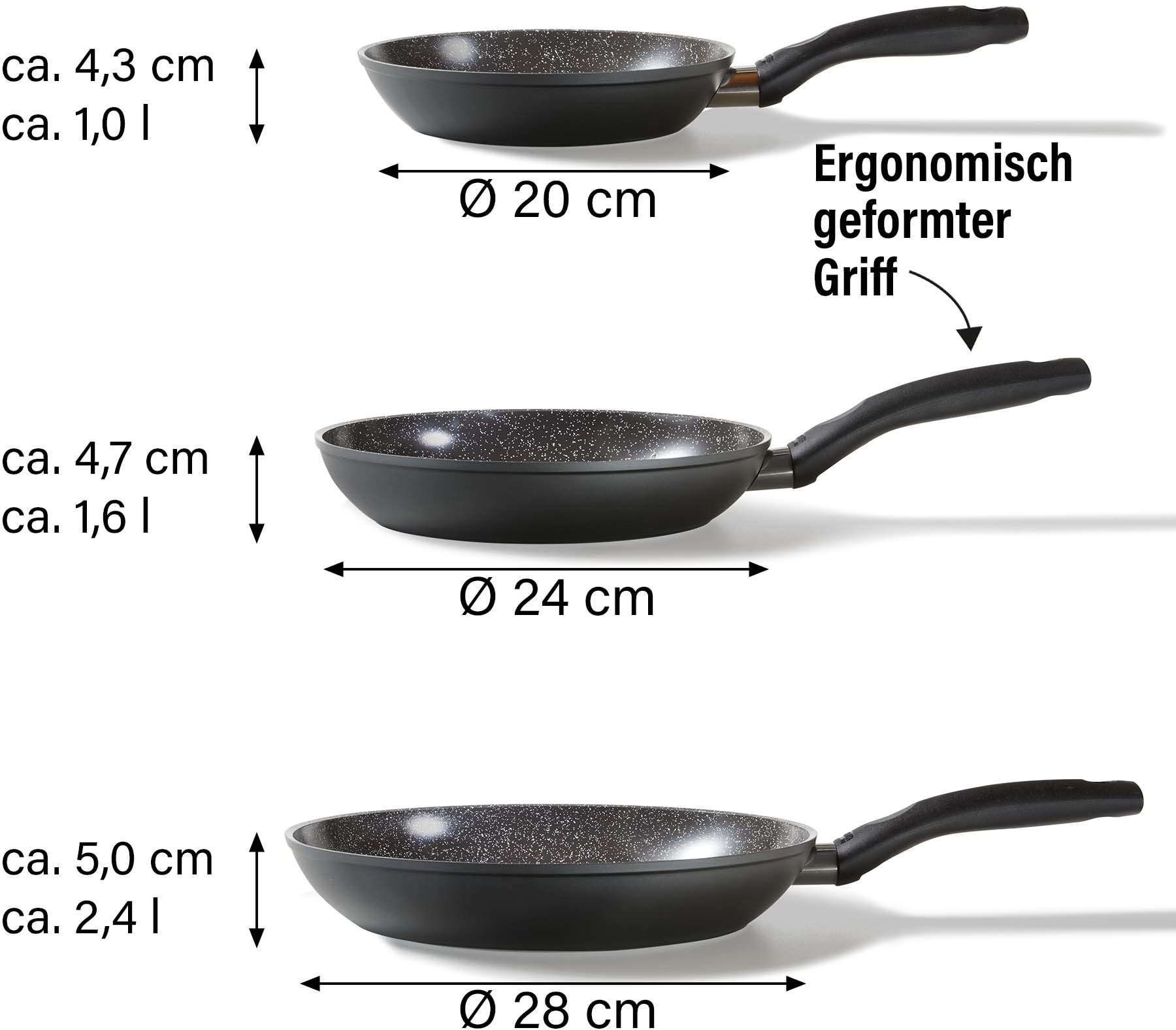 STONELINE Pfannen-Set »CERAMIC«, Aluminium, (Set, 3 tlg., je 1 Bratpfanne Ø 20/24/28 cm, H: 4,5/5/5,5 cm, - 1,0/1,7/2,7 l), Induktion