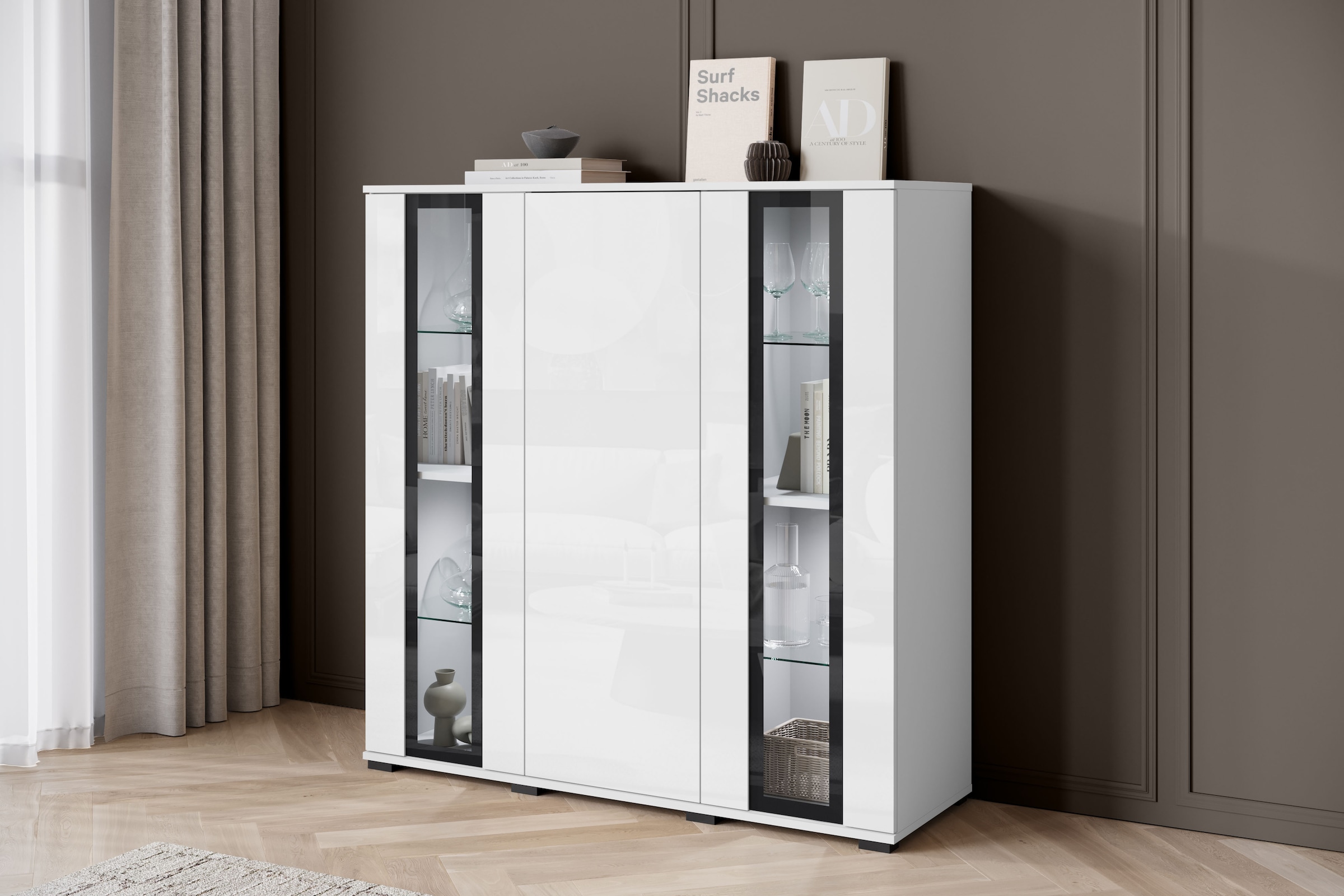 Home affaire Highboard »Caro, modernes Design mit Glaseinsätzen, Breite 120 cm« 1 Stk. tlg. grifflose Fronten mit Push-to-Open, höhenverstellbare Einlegeböden