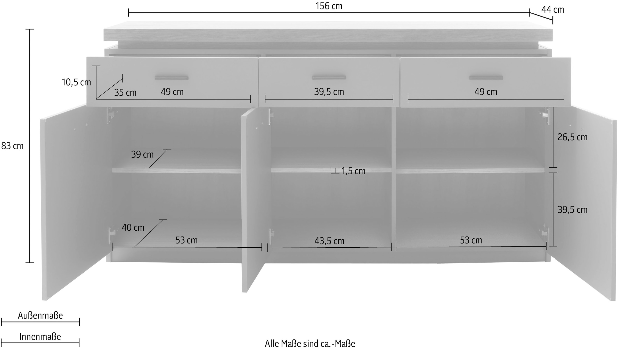MCA furniture Sideboard »MONIZ Sideboard«, (1 St.), Kommode,Eiche Salbeigrün,3 Türen,3 Schubkästen,gedämpft,Breite 156 cm