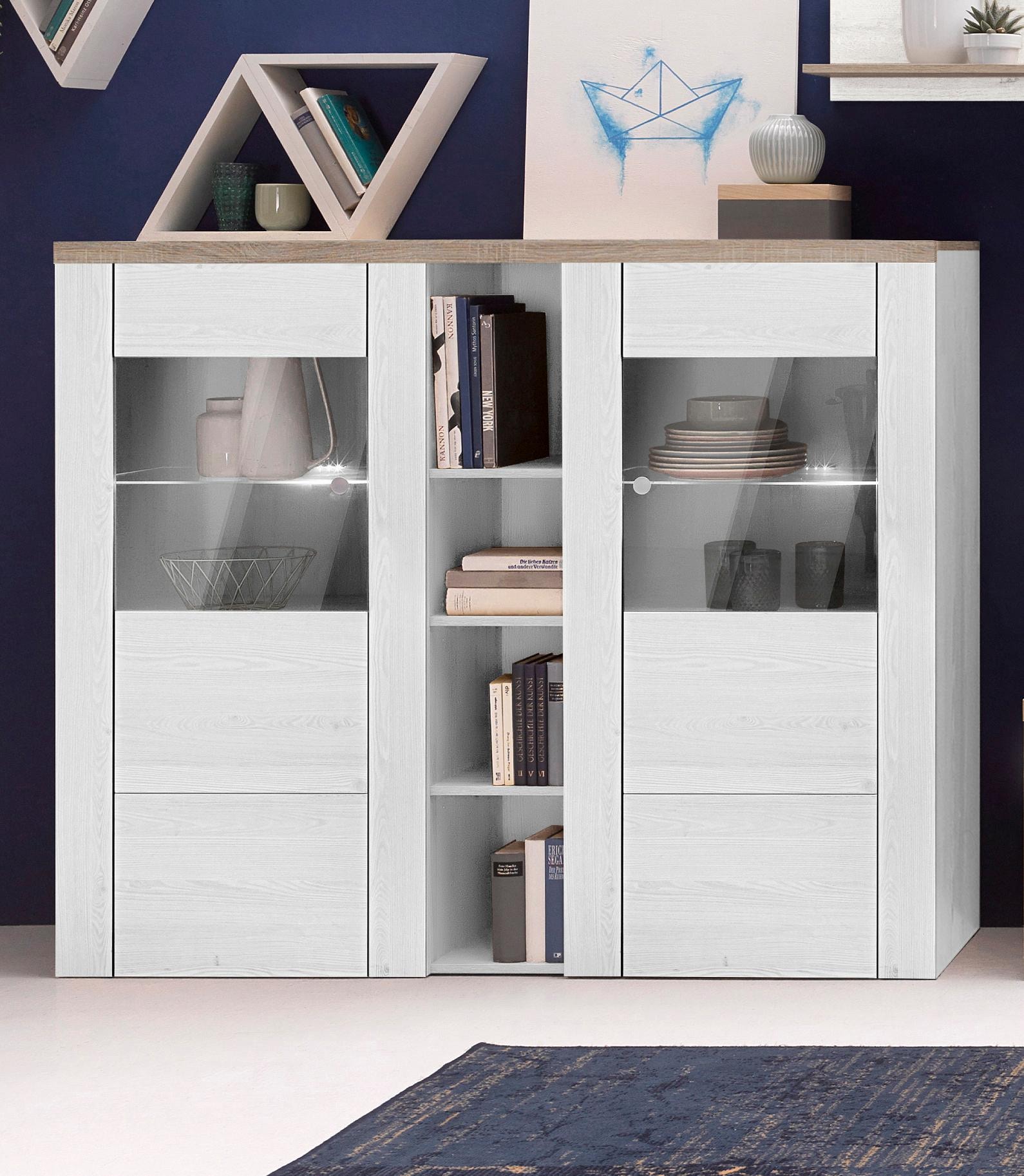 Home affaire Highboard »Larona, zeitlose Hochkommode mit 2 Türen, Türkommode, Höhe 129,5 cm,«, Anrichte mit dekorative Rahmenoptik, Türen mit Glaseinsatz