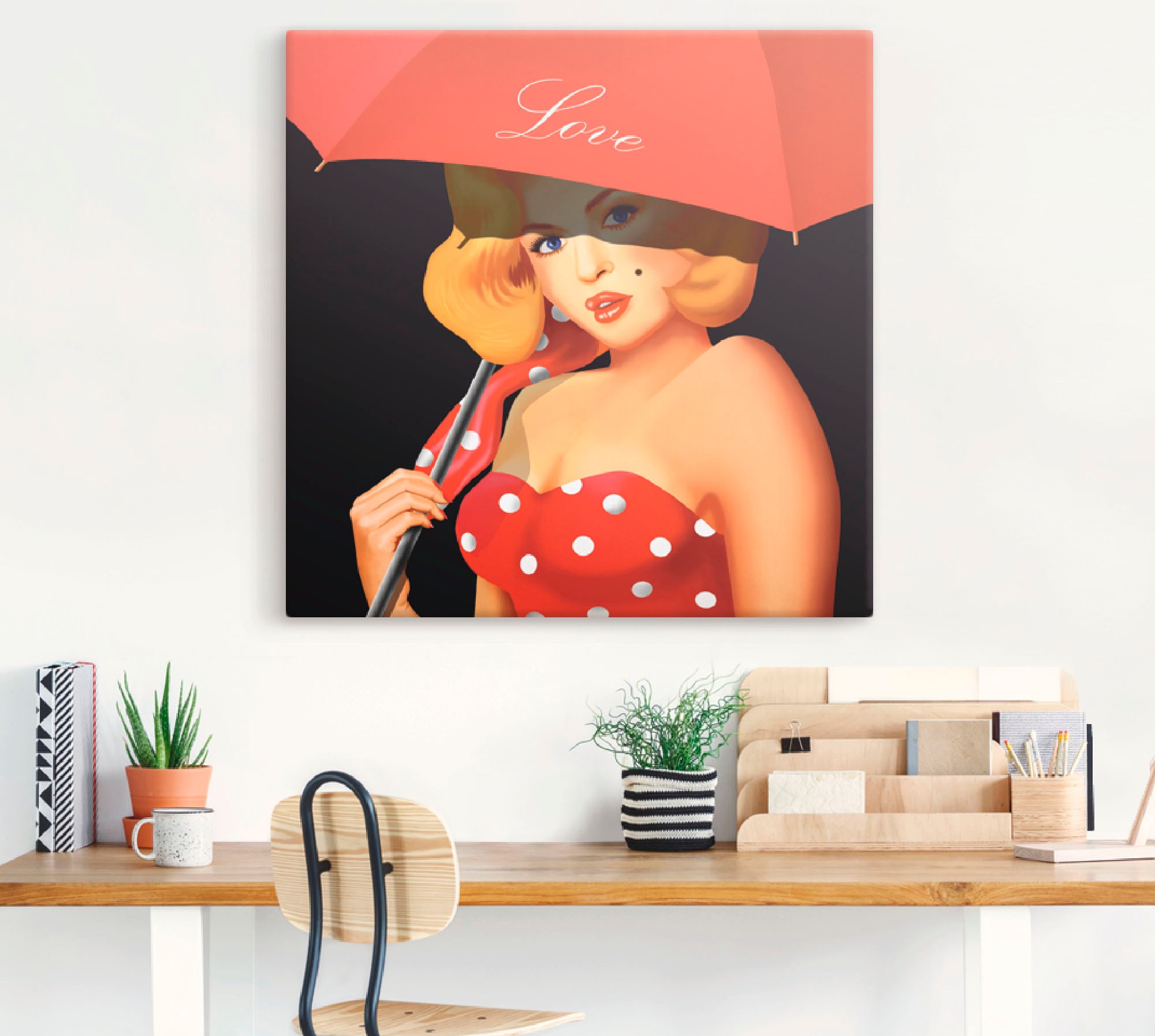 Artland Wandbild »Pin-Up auf Leinwandbild, als oder St.), Raten unter Poster Girl Alubild, Wandaufkleber (1 Frau, Größen in rotem kaufen Regenschirm«, versch