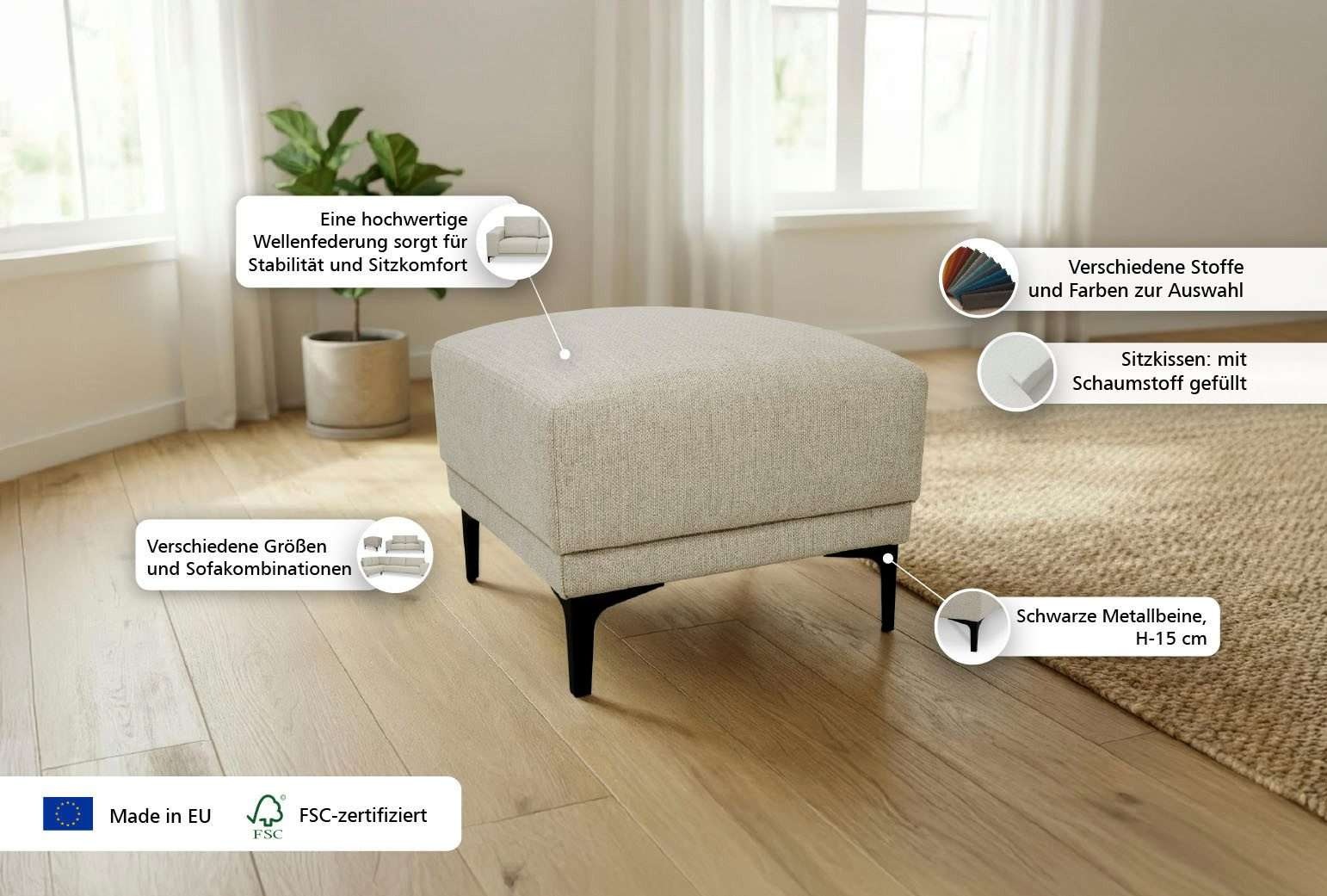 OTTO home Polsterhocker »Xander« 1 Stk. tlg. Breite 58 cm, Soft-Touch Chenille, schwarze Metallfüße