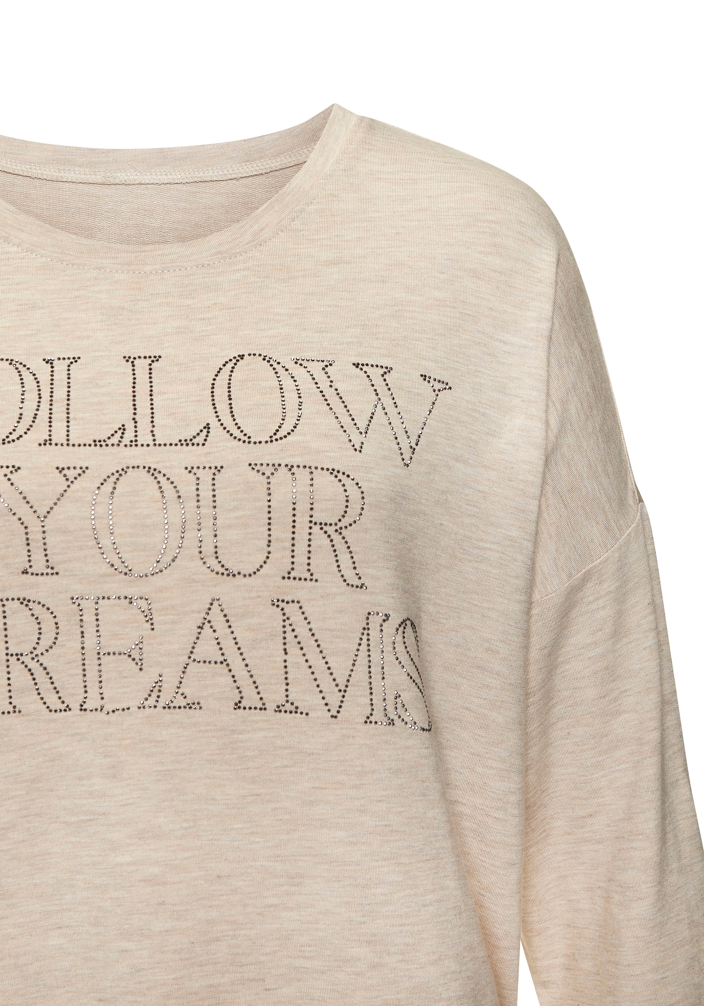 LASCANA 3/4-Arm-Shirt »mit Schriftzug aus Strasssteinen« aus hochwertiger French Terry-Qualität aus Viskose
