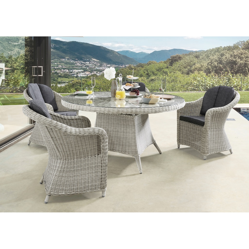 Destiny Garten-Essgruppe »MALAGA LUNA«, (Set, 13 tlg.), Polyrattan, 4 Sessel + 1 Tisch Ø 120x75 cm, inkl. Auflagen