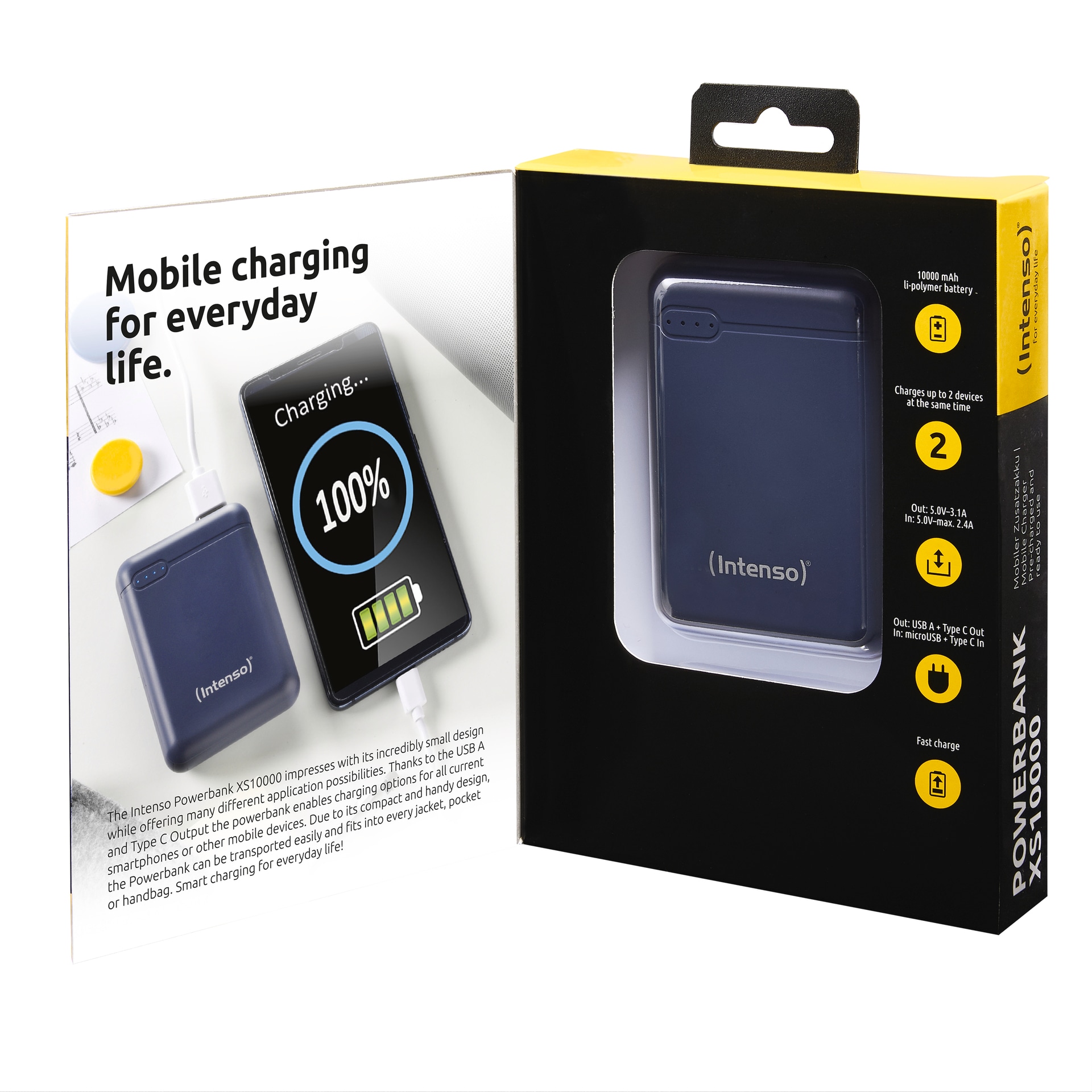 Intenso Powerbank »XS10000 10.000 mAh«, Intenso Power Bank XS10000 dark blue, mobiler Zusatzakku, mit USB-C zu USB-C Ladekabel
