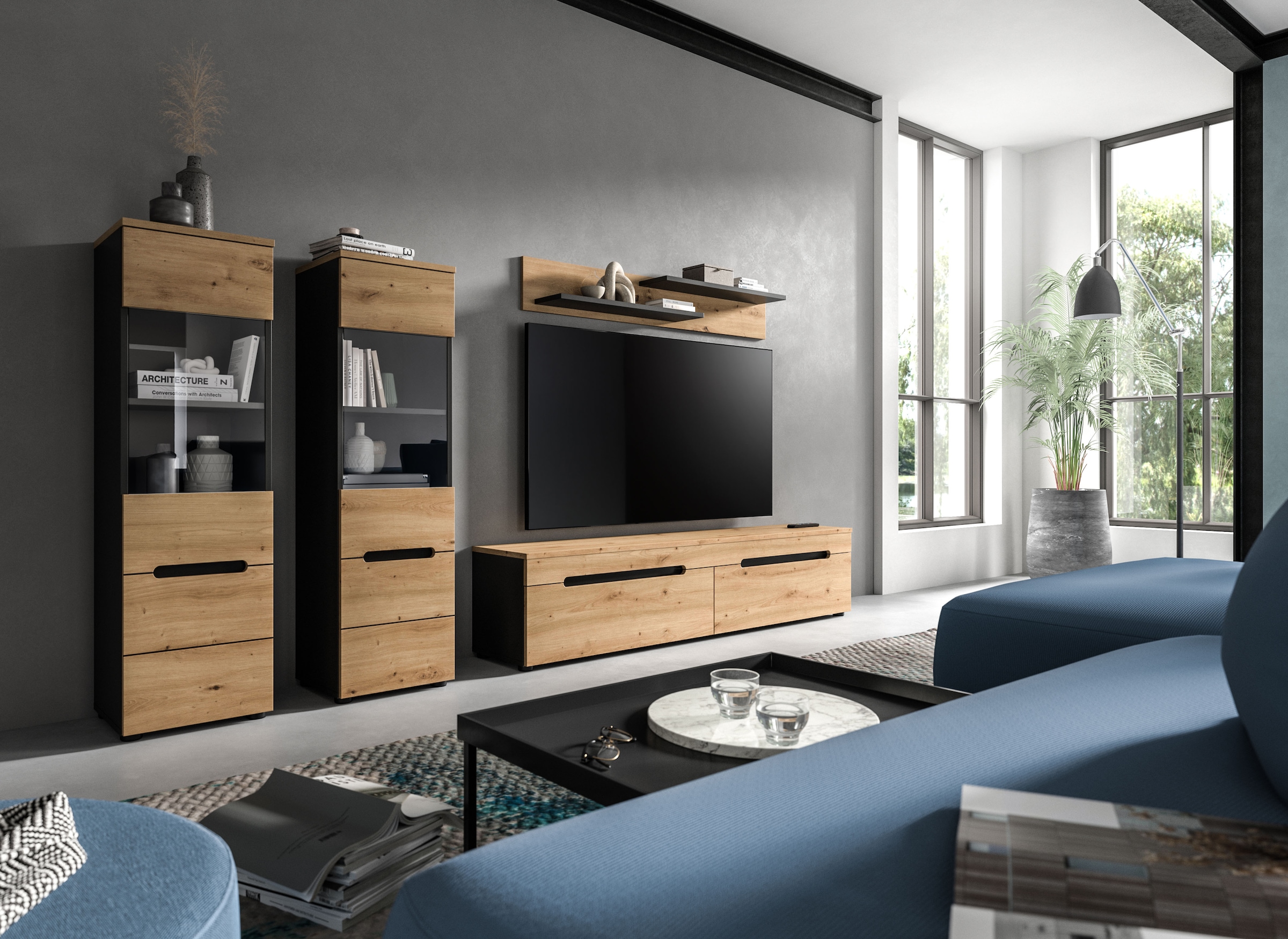 INOSIGN Wohnwand »REHAT, TOPSELLER!, 4-teilig, wahlweise stehend und hängend montierbar« Set bestehend aus: 2x Vitrine, Lowboard und Wandboard, 3 Stk. tlg.