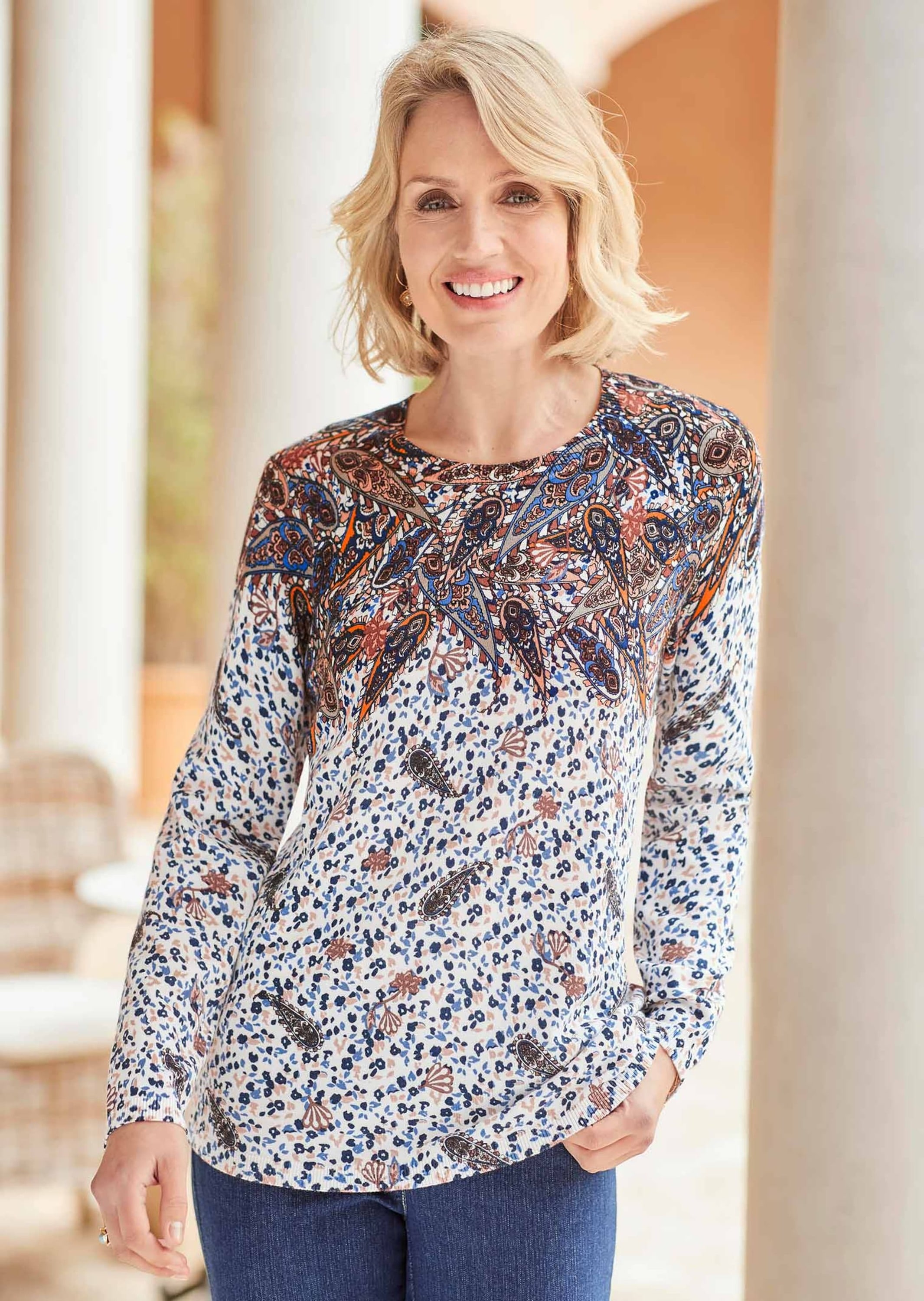 GOLDNER 2-in-1-Pullover »Kurzgröße Kurzgröße - Druckpullover mit ornamentalem Druck«