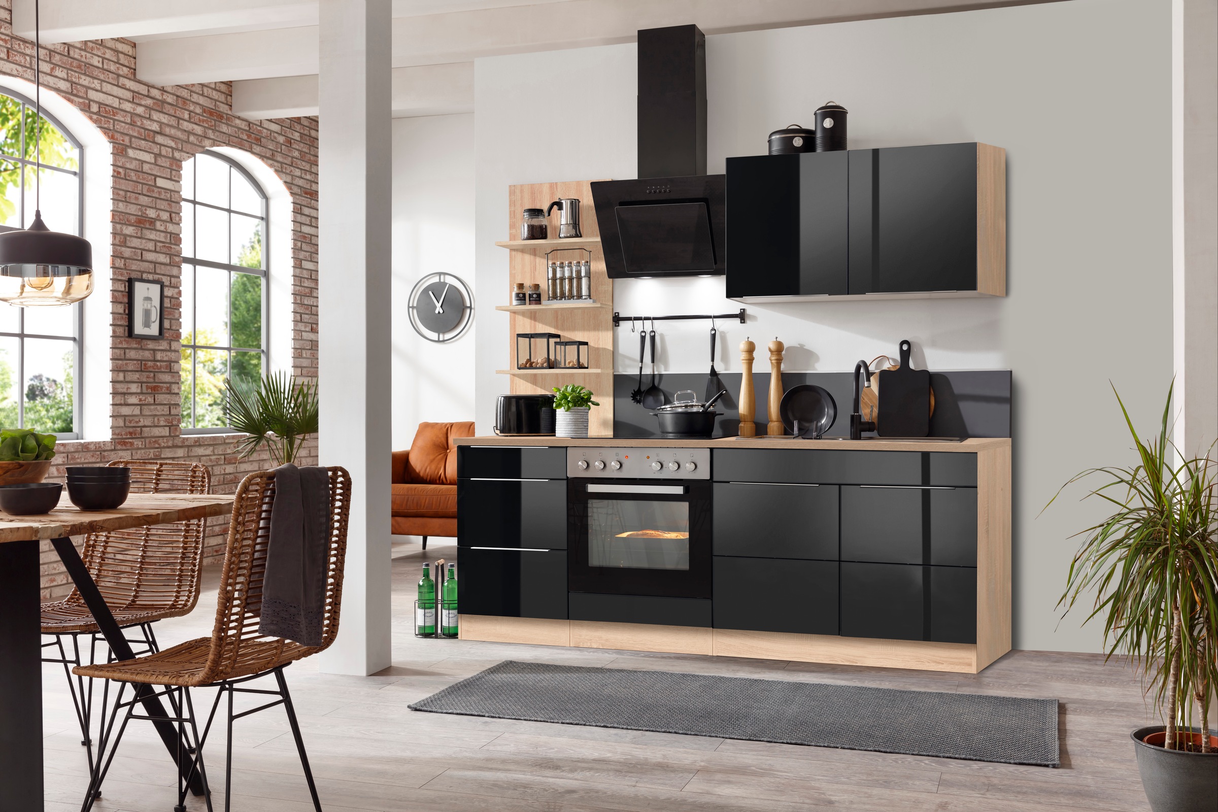 KOCHSTATION Küchenzeile »KS-Brindisi«, Breite 210 cm, wahlweise mit E-Geräten, mit MDF-Fronten und Regal