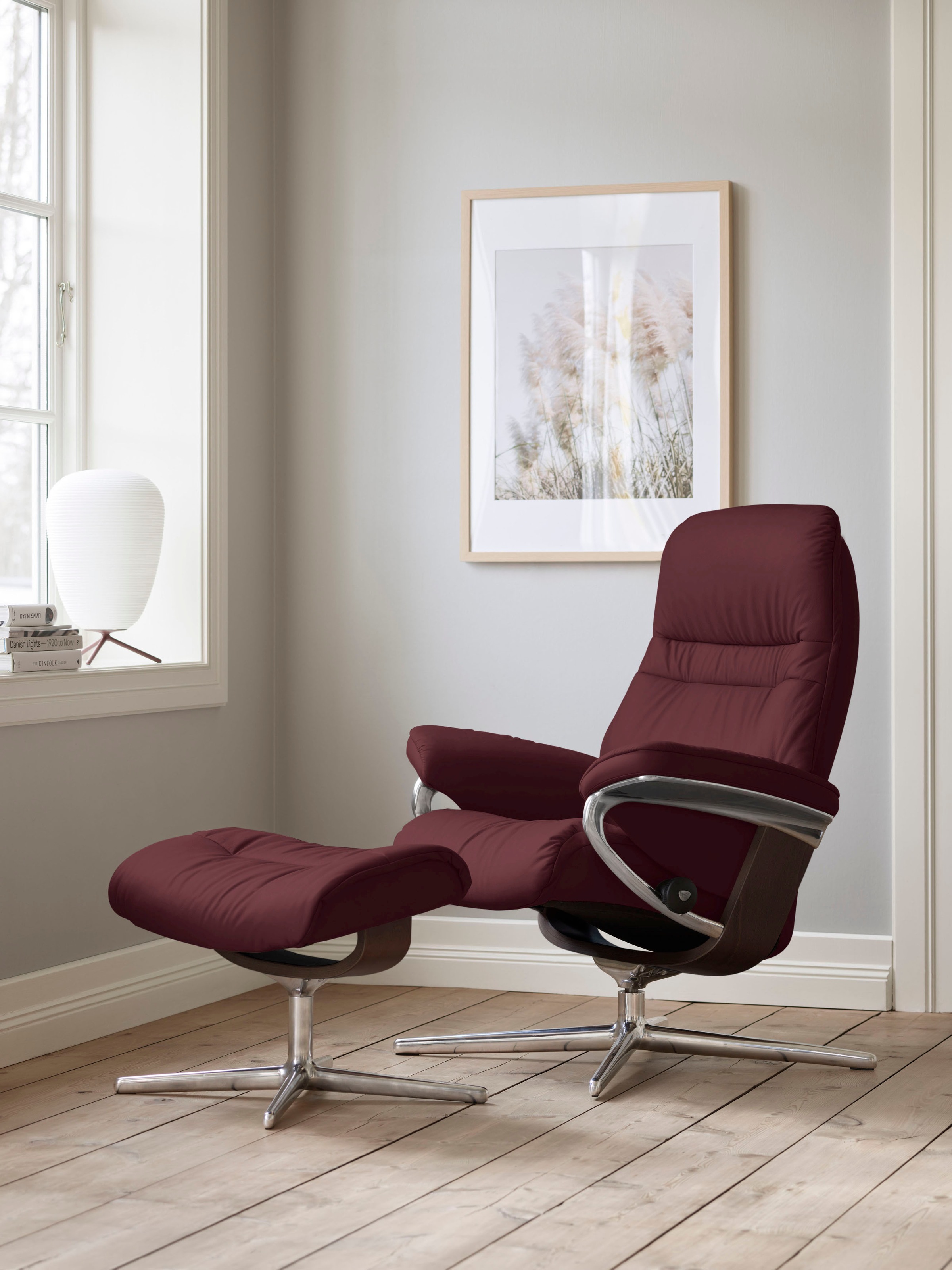 Stressless® Relaxsessel »Sunrise« Set, Relaxsessel mit Hocker,  mit Hocker, mit Cross Base, Größe S, M & L, Holzakzent Braun