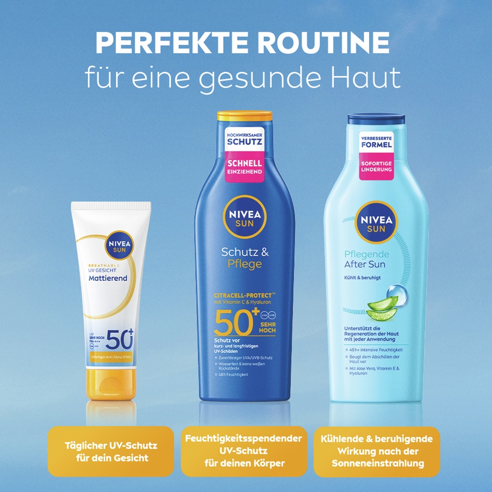 Nivea Sun Sonnenschutzlotion »Schutz & Pflege Lotion LSF50+ mit Labello Sun Gratis« mit Vitamin C & Hyaluron für doppelten Zellschutz