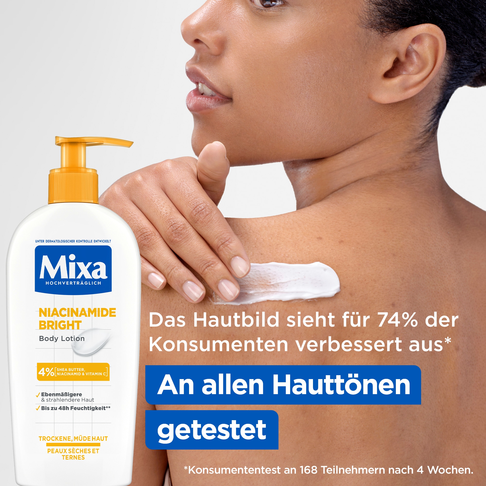 Mixa Körpermilch »Mixa Niacinamide Bright Body Lotion«, Pflegt müde und trockene Haut, sorgt für bis zu 48h Feuchtigkeit.